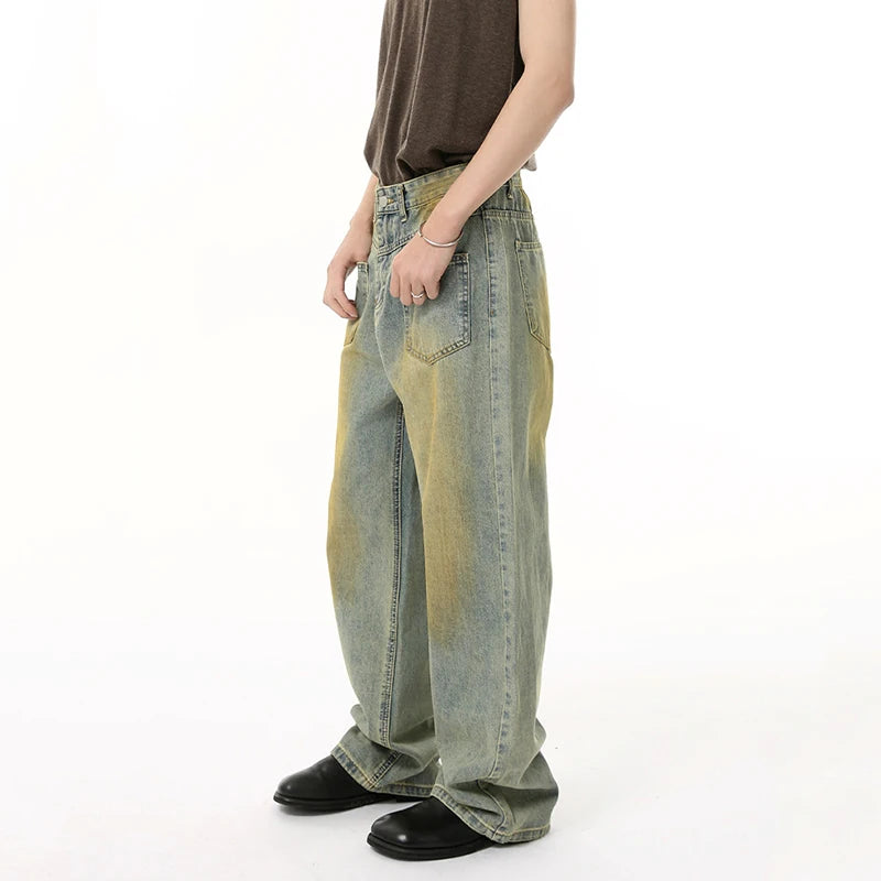 American Style Men's Reversible Contrast Color Distressed Straight Wide Leg Washed Denim Jeans - Casual Wear & Street Fashion | New Arrival 9W1846