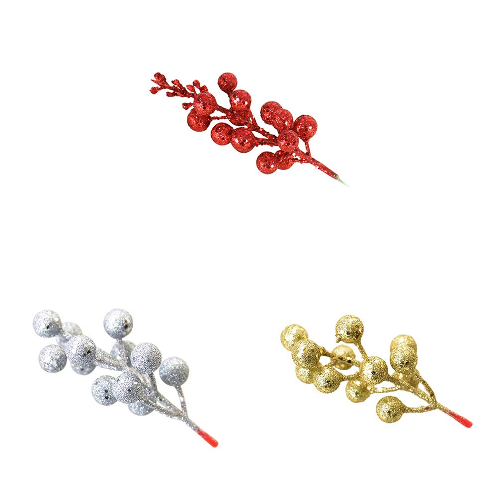 Greatstar Artificial Berry Branches with Glitter Powder - Realistic Fake Berry Decor for Christmas, Home, and Party (Red, Silver, Gold) - 15-Pack Set - Perfect for Holiday Centerpieces, Wreaths, and Tabletop Decorations
