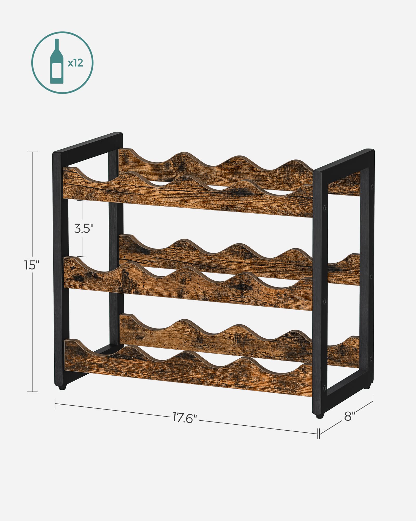 SONGMICS 3-Tier Bamboo Wine Rack - Holds 12 Bottles, Tabletop Wine & Water Bottle Organizer for Kitchen, Bar, Pantry - Rustic Brown & Black Countertop Storage Shelf for Home & Office Use