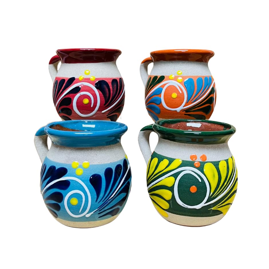 Authentic Mexican Hand-Painted Clay Mugs - Set of 4 Traditional Guelaguetza Design Coffee Cups - Perfect for Hot Beverages, Home Decor & Cultural Gift Giving