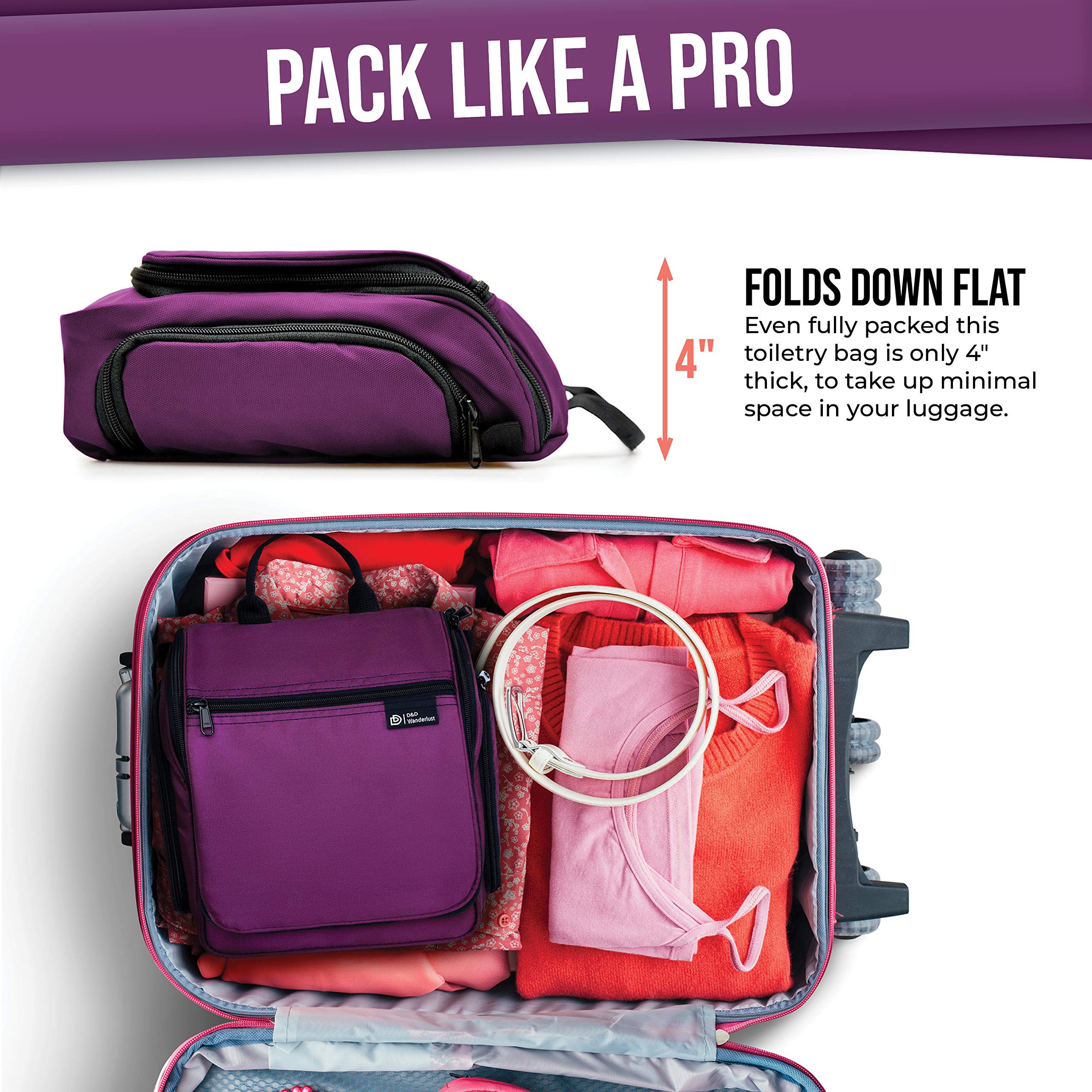 D&D Hanging Travel Toiletry Bag for Men & Women - Large Water-Resistant Cosmetic Organizer with 10 Compartments, YKK Zippers & XXL Metal Hook - Perfect for Makeup, Toiletries & Travel Essentials - Ideal for Camping, Gym & Business Trips