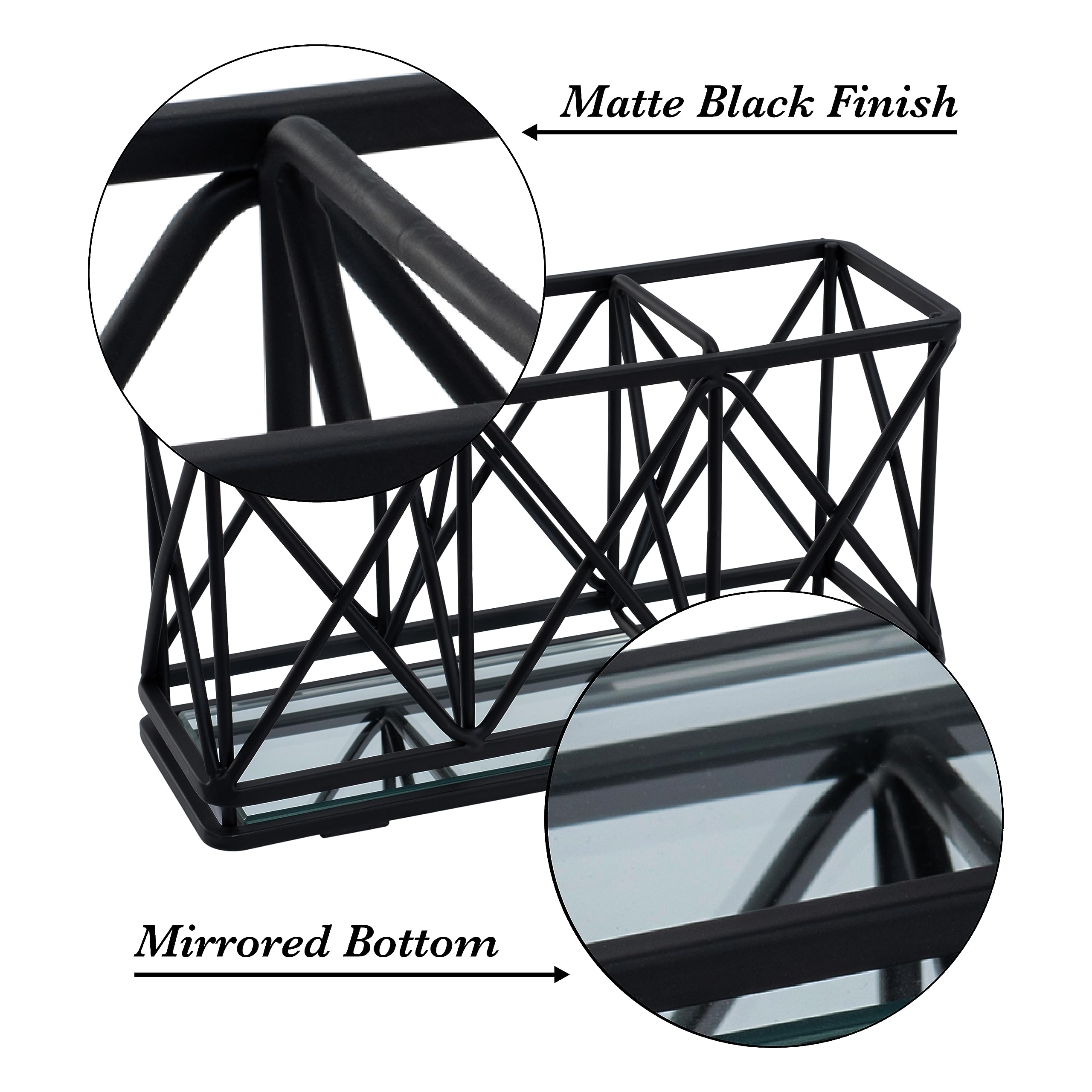 3 Compartment Cosmetic Brush Holder Organizer - Makeup Pencil & Beauty Tool Storage for Vanity, Bathroom, Dresser or Office - Matte Black Mirror Base Design - Perfect for Makeup Artists & Beauty Enthusiasts
