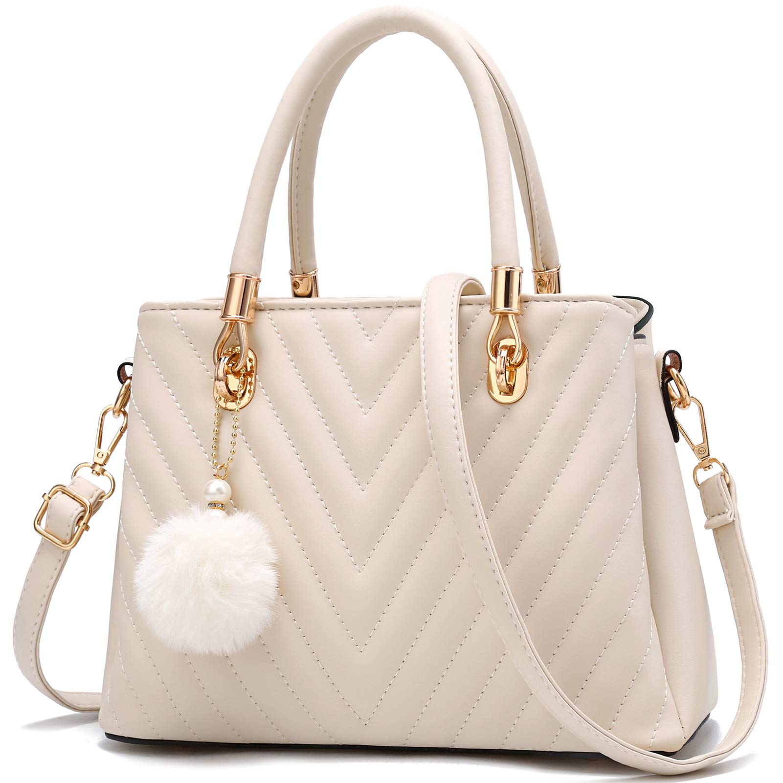 Stylish Women's Leather Handbag - Quilted Top Handle Tote Satchel with Pompom Decor | Perfect Shoulder Bag for Work, Travel & Everyday Use