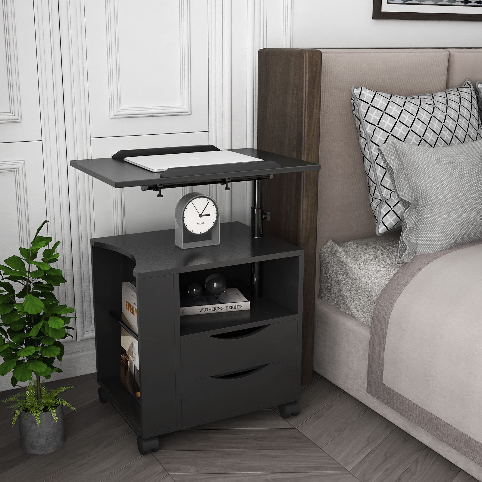 Adjustable Overbed Table with Swivel Top - Wooden Rolling Nightstand with Drawers & Open Shelf - Black - Perfect for Hospital Beds, Nursing Homes & Home Care Use