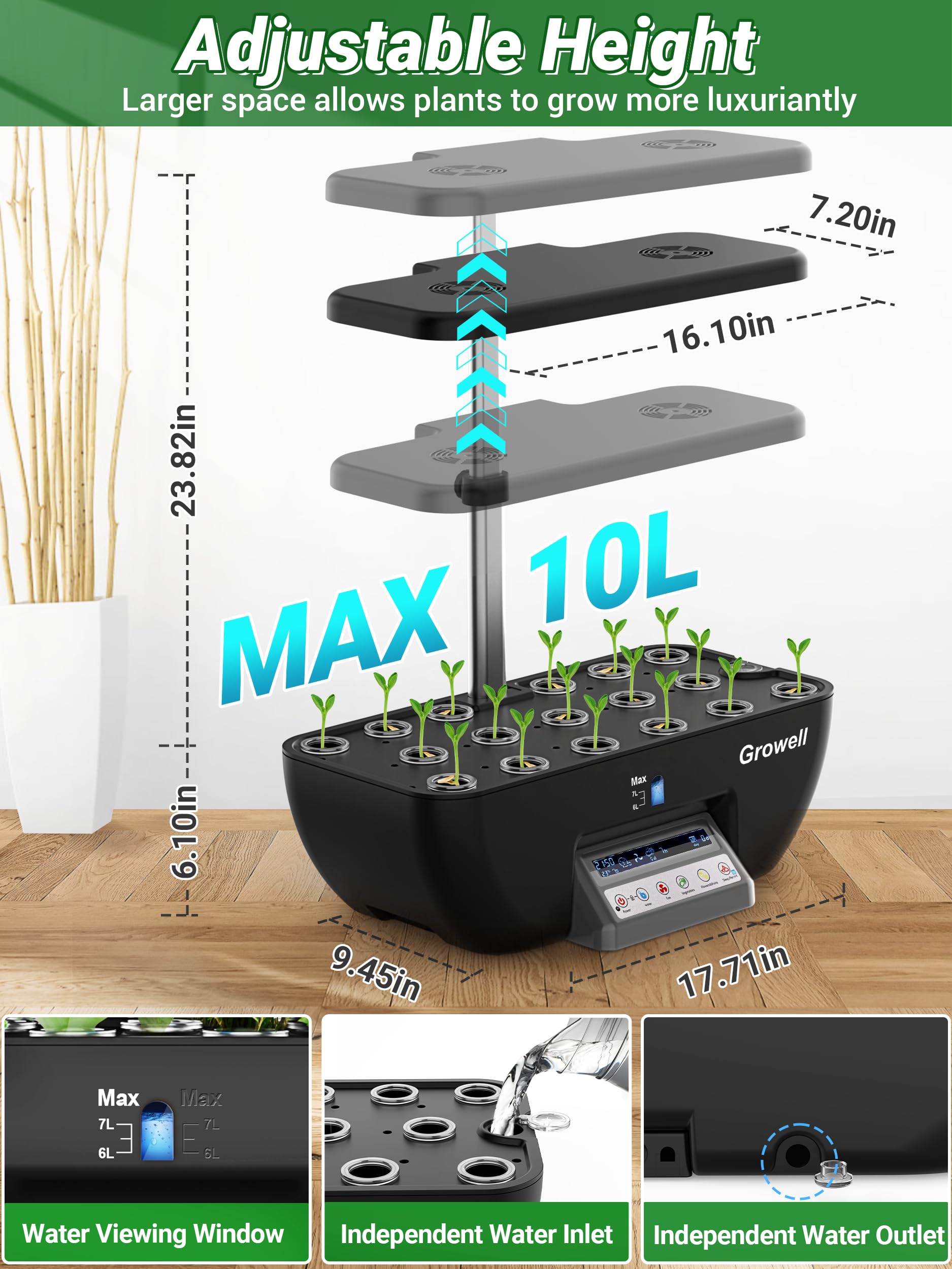 Hydroponics Growing System Kit - 17 Pods Indoor Herb Garden with 102 LED 28W Full-Spectrum Grow Lights, 2 Fans & Auto Timer, 10L Water Tank with Water Pump, Height Adjustable (Black & Grey) - Perfect for Home Gardening, Kitchen Herbs, and Year-Round Indoor Plant Growth