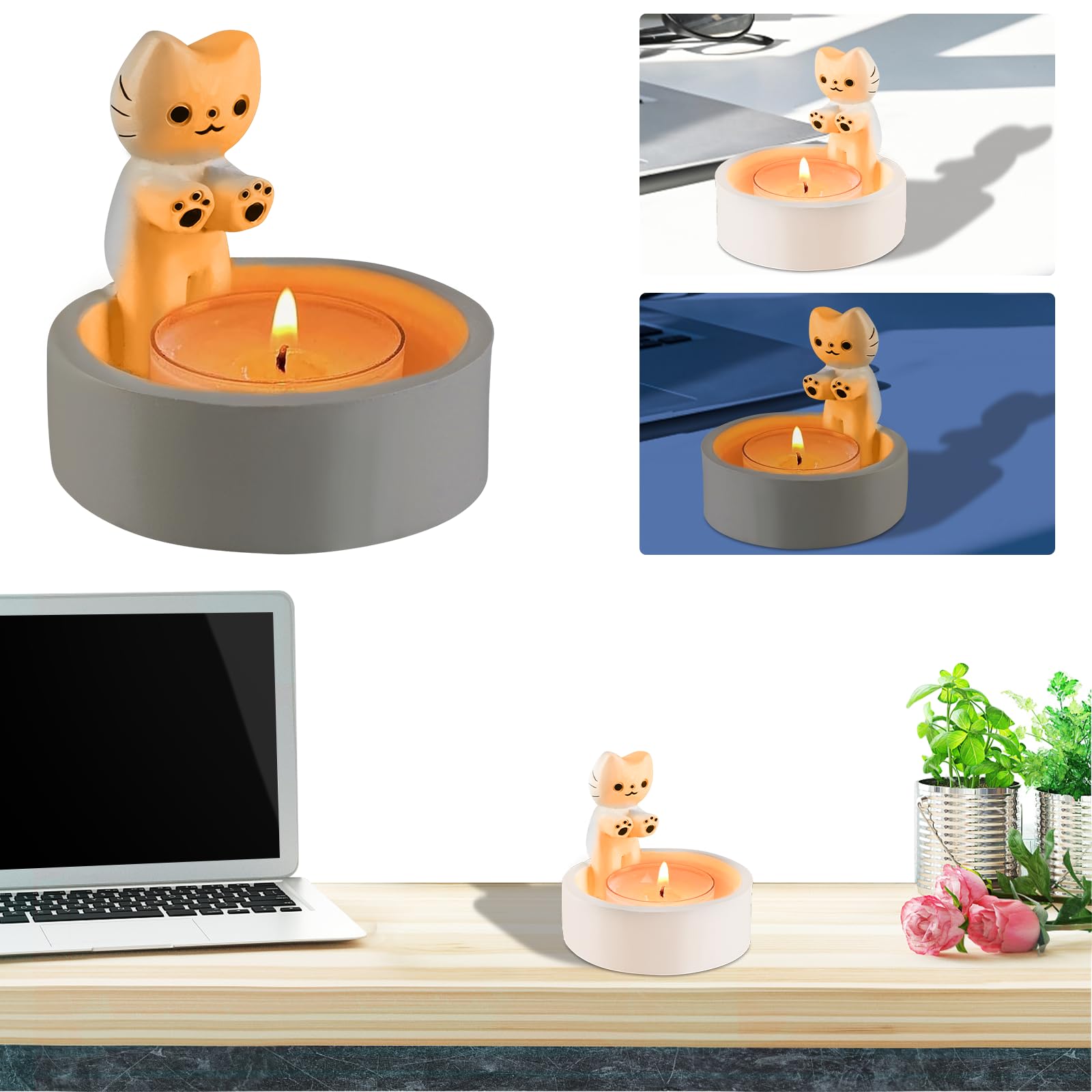 Cute Cartoon Kitten Candle Holder - Handmade Ceramic Cat Candlestick with Warming Paws for Scented Candles | Perfect Cozy Home Decor for Living Room, Bedroom & Gift Ideas