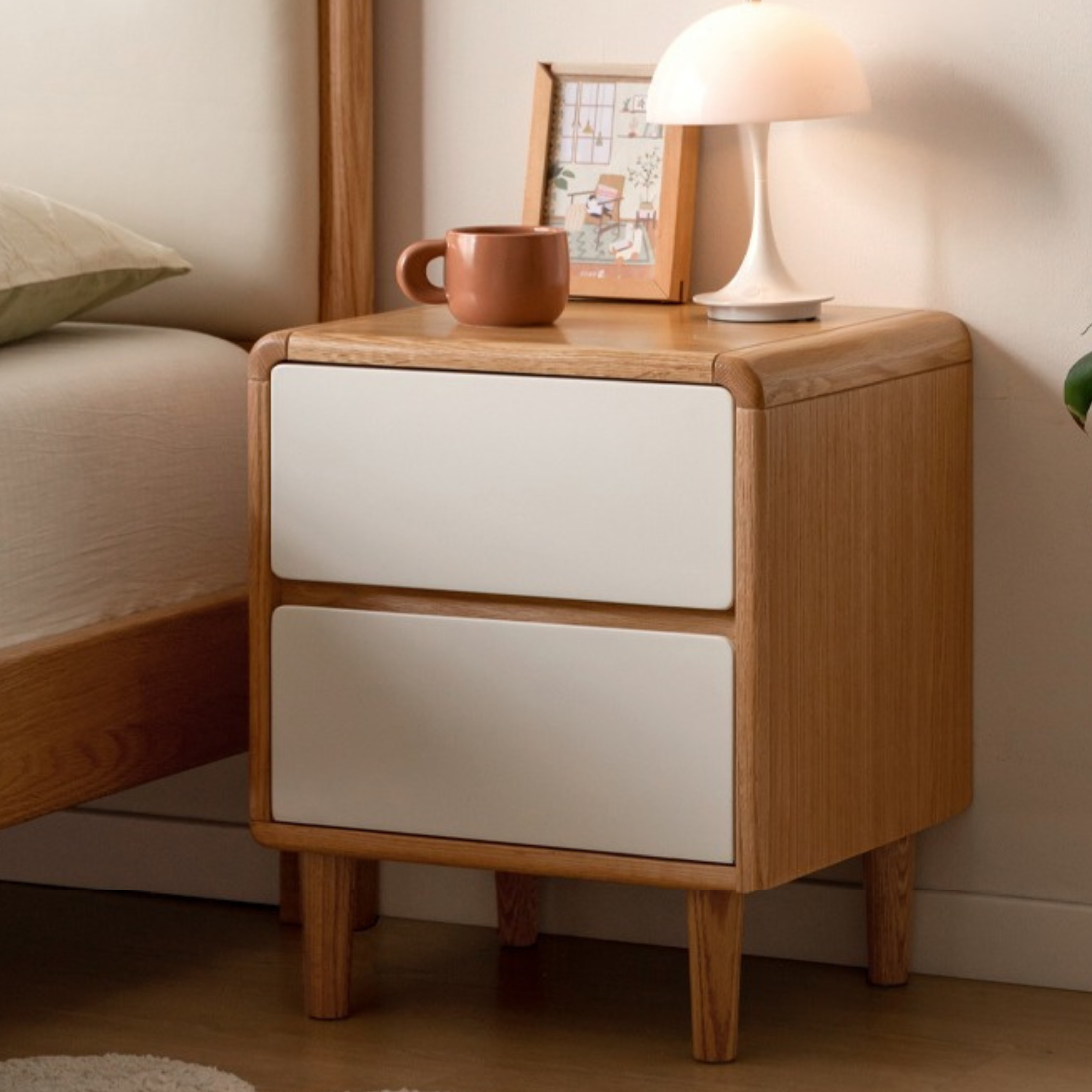 Solid Oak Wood Nightstand - Bedside Table with Drawer for Bedroom Furniture, Perfect for Storage and Decor