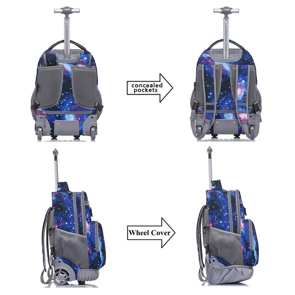 Tilami 18 Inch Rolling Laptop Backpack with Insulated Lunch Bag - Galaxy Print - Perfect for School, Travel & Business Commuters
