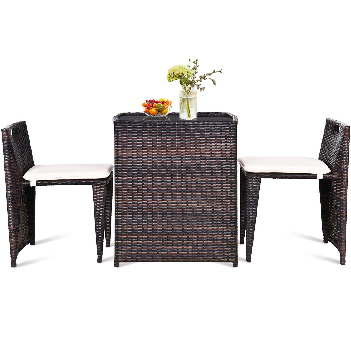 RELAX4LIFE 3-Piece Outdoor Patio Furniture Set - PE Rattan Wicker Bistro Set with Cushions & Glass Top Table, Brown - Perfect for Garden, Balcony, Poolside & Backyard Relaxation