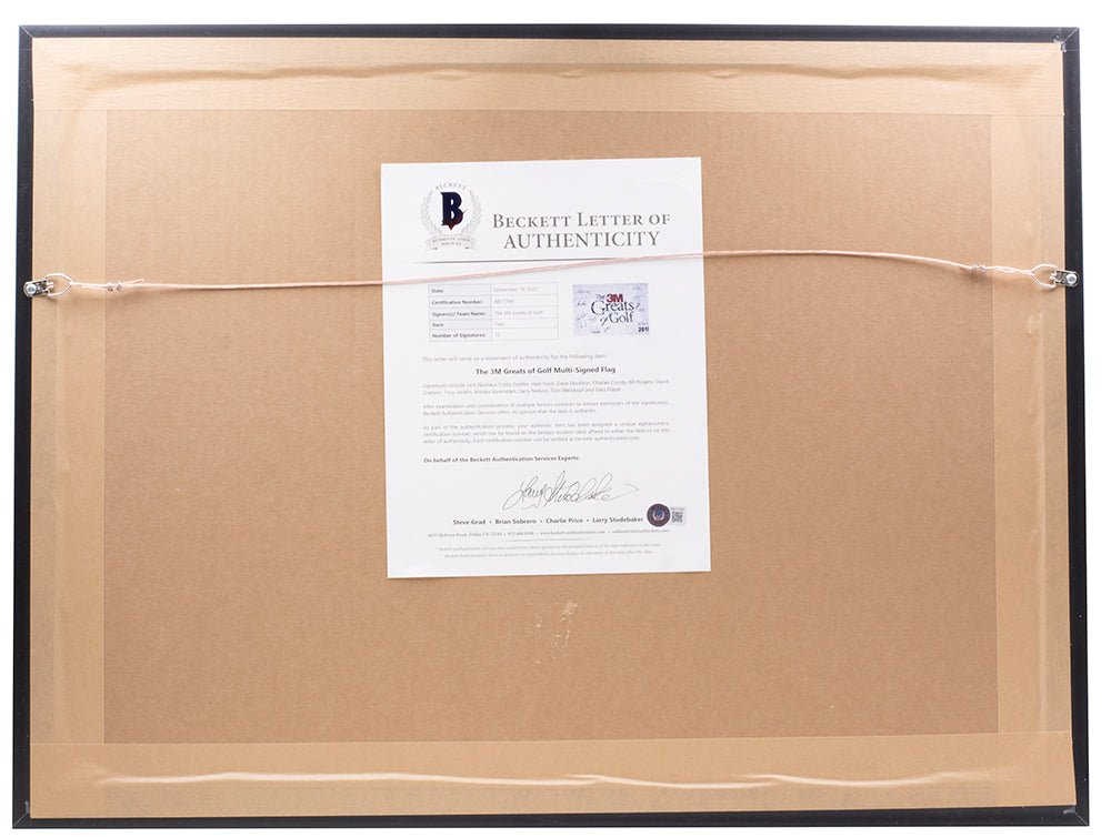 Authentic Multi-Signed Framed 3M Greats of Golf Flag with Jack Nicklaus & Gary Player Signatures +10 BAS LOA - Perfect for Golf Memorabilia Collectors & Man Cave Decor