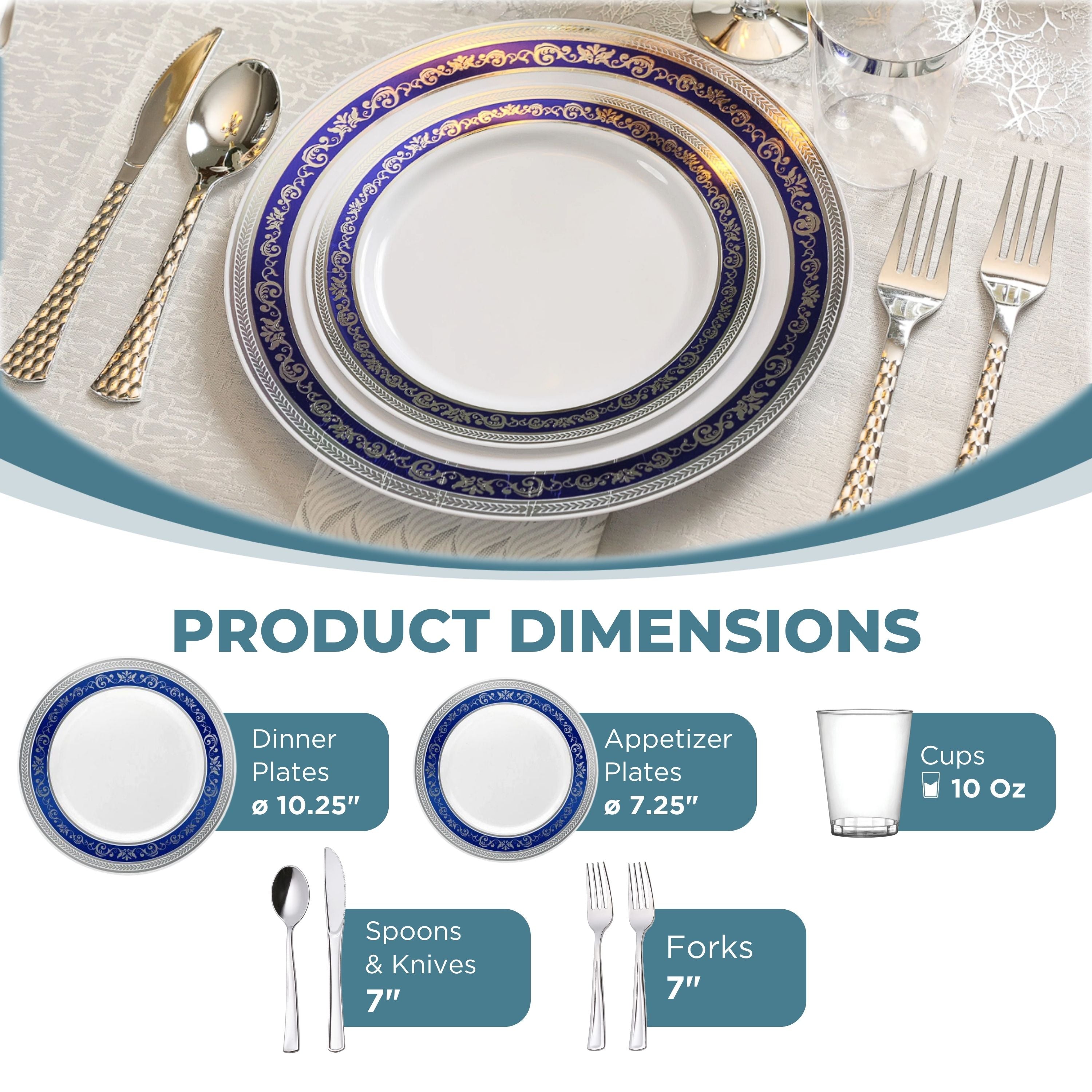 Royal Blue & Silver Plastic Party Bundle - Disposable Plates, Cups, Cutlery Set for Birthday, Wedding, Baby Shower & Holiday Celebrations