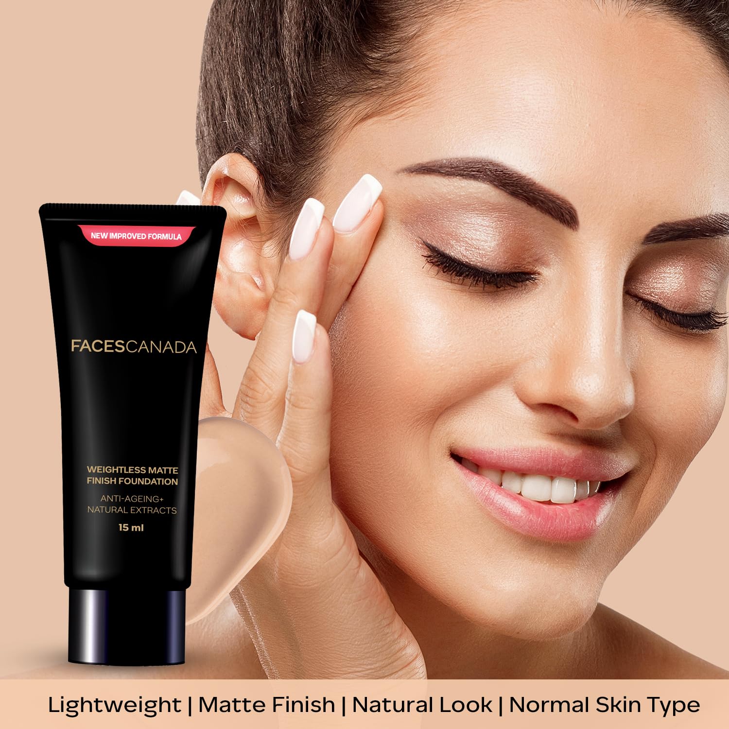 FACESCANDA Weightless Matte Finish Foundation - Beige, 15ml | Lightweight Oil-Free Liquid Makeup | Natural Matte Coverage | Anti-Aging & Non-Comedogenic | Infused with Olive Seed Oil, Grape Extract & Shea Butter | Perfect for Daily Wear & Special Occasions