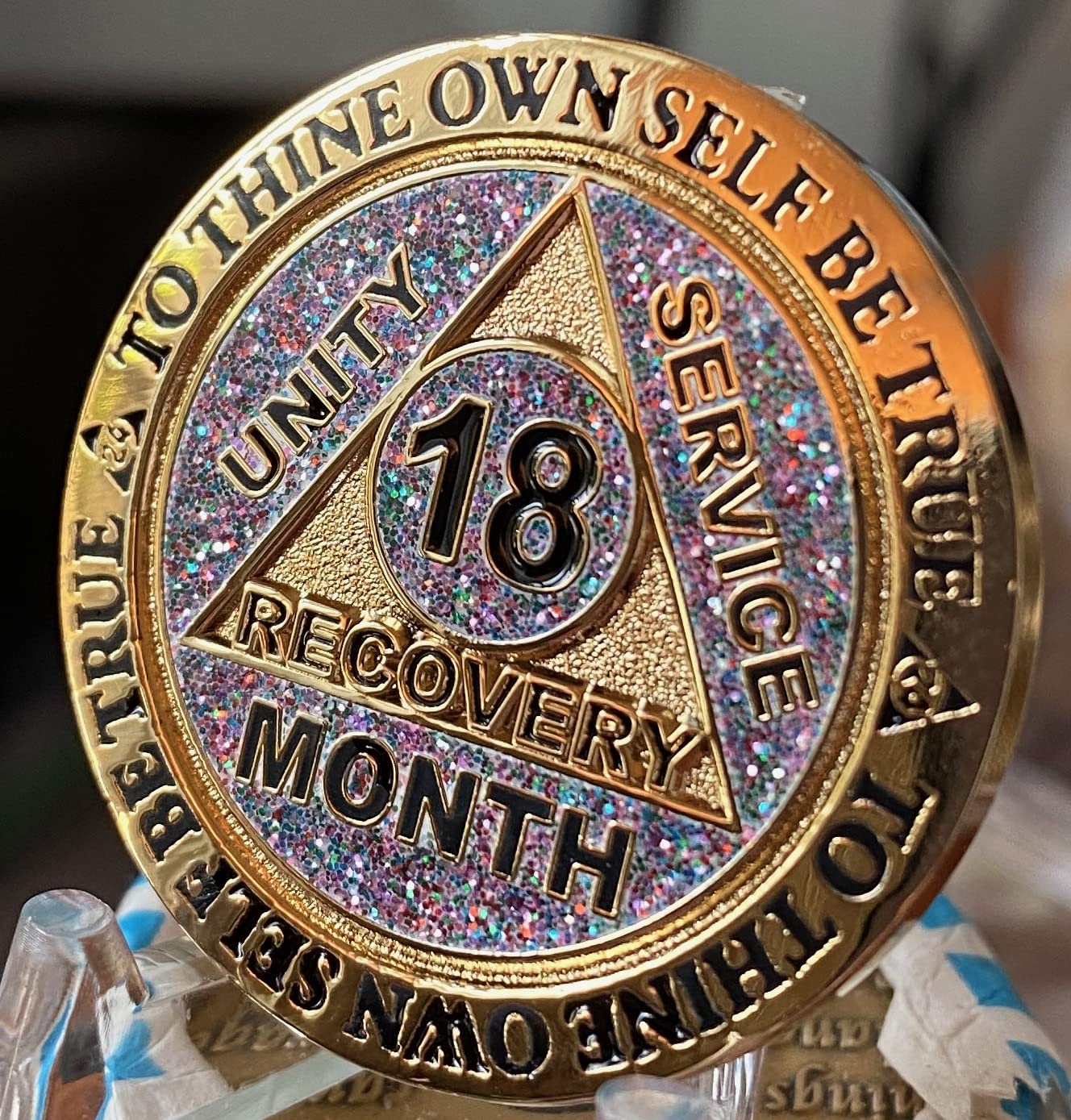 18 Month AA Medallion - Gold Sobriety Chip with Funfetti Glitter Design for Recovery Milestones | Perfect for AA Meetings, Sobriety Gifts & Celebrations