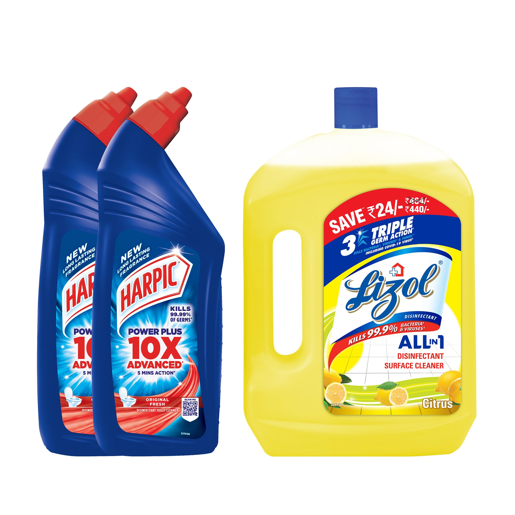 Harpic Original Disinfectant Toilet Cleaner Liquid 1L (Pack of 2) + Lizol Citrus Floor Cleaner 2L - Powerful Bathroom & Kitchen Cleaning Combo for Sparkling Floors & Sanitized Toilets