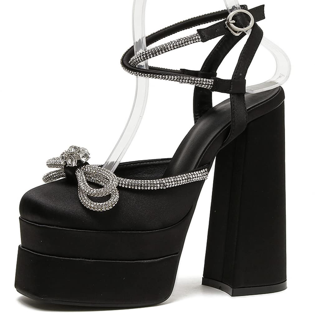 Furcross Women's Chunky Block Heel Platform Pumps - Square Toe Rhinestone Bow Knot Dress Shoes for Wedding, Party & Evening Wear