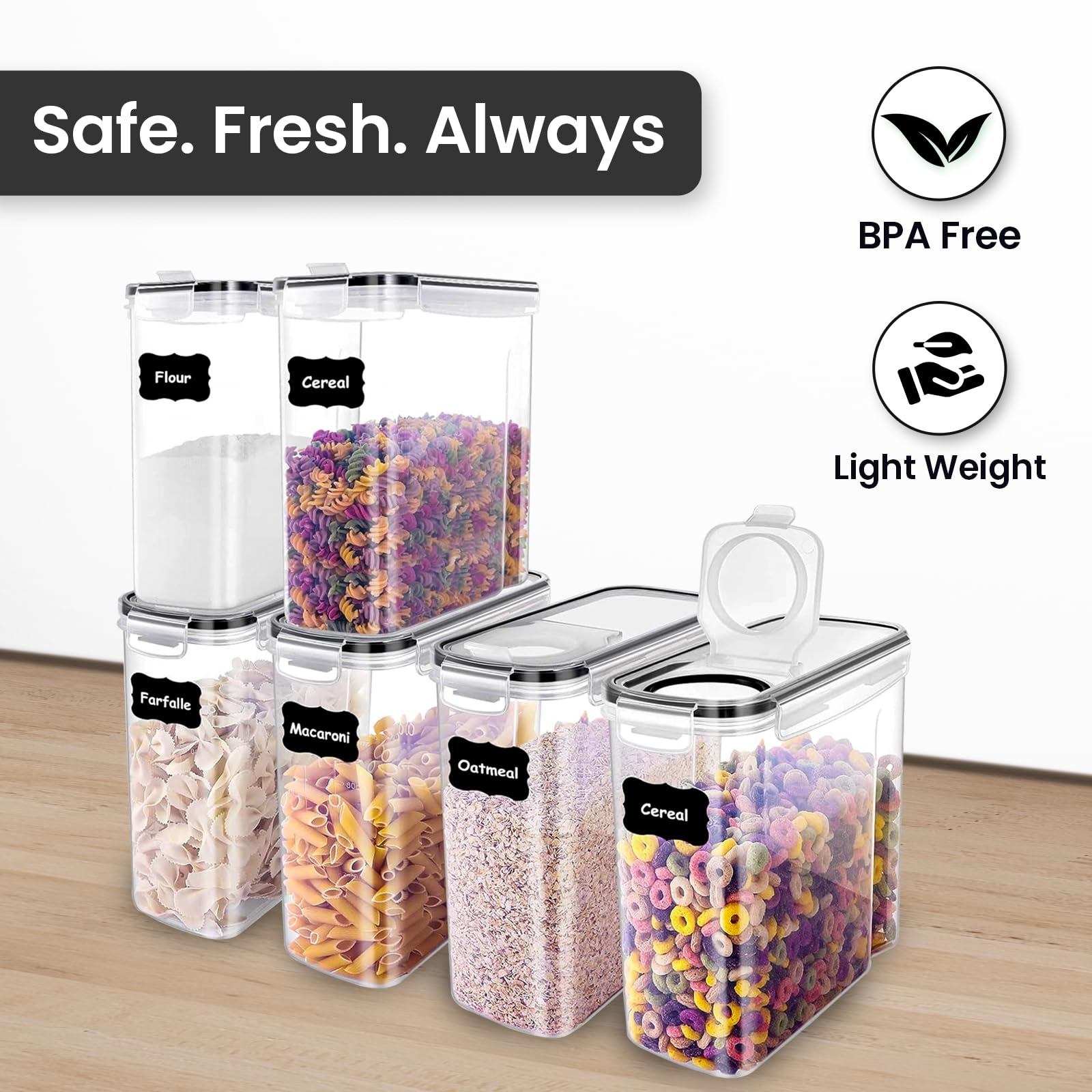 AEX 4-Pack Airtight Food Storage Containers for Cereal, Sugar, Flour & Snacks - Leak-Proof with Black Locking Lids - Perfect for Pantry Organization, Kitchen Storage & Bulk Food Dispensing