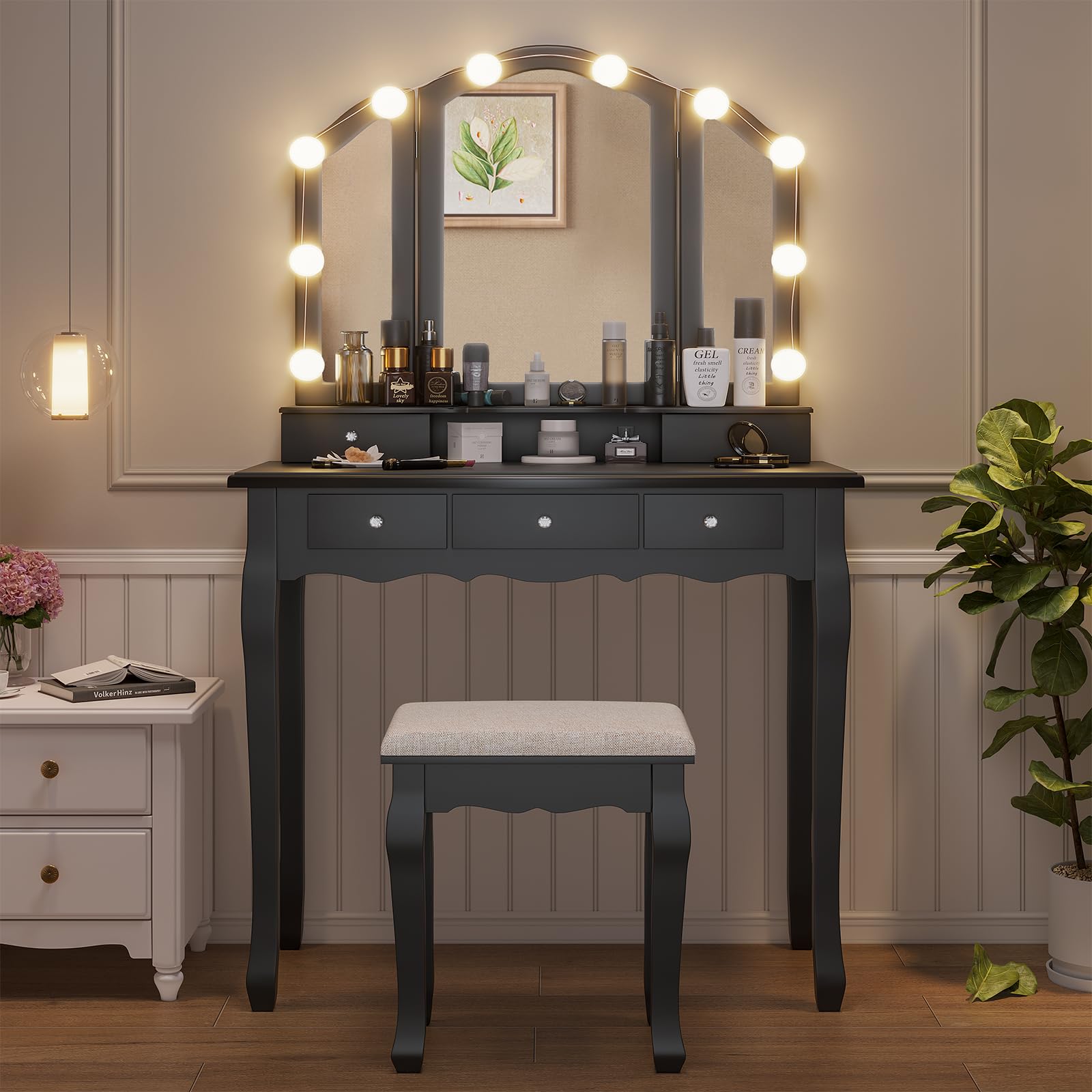 Tiptiper Vanity Desk with Lighted Tri-Fold Mirror & Stool - 5 Drawers Makeup Vanity Set, 3 Light Settings & Adjustable Brightness, Black - Perfect for Bedroom, Dressing Room & Beauty Salon Makeup Application