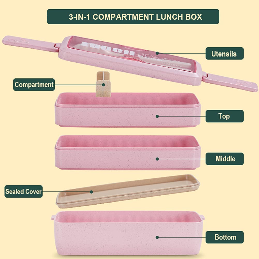 Eco-Friendly Wheat Straw Bento Box - 3-in-1 Leakproof Stackable Lunch Container for Adults & Kids | Perfect for Meal Prep, School Lunches, Office Meals & Picnics