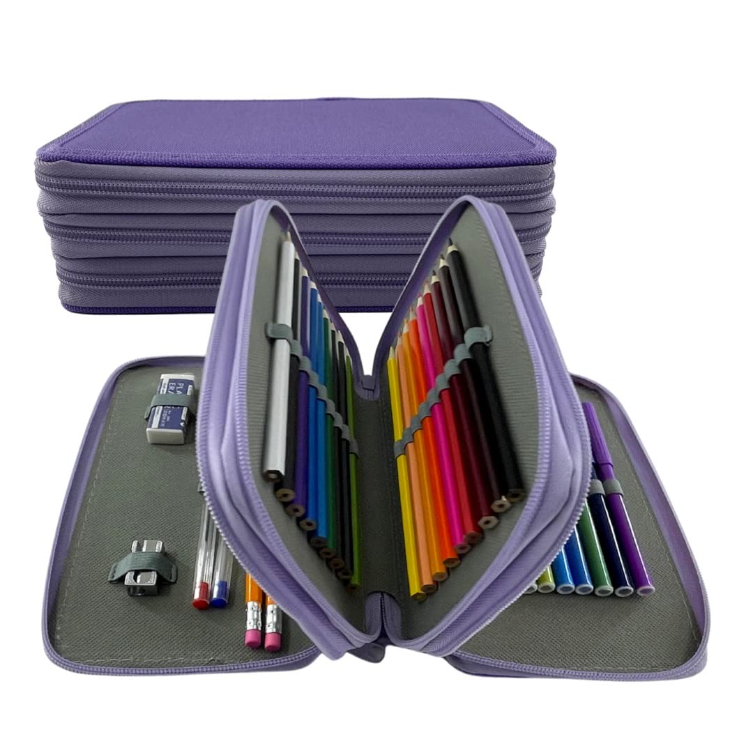 Premium 3-Compartment School Pencil Case with Colored Pens & Markers - Purple Organizer for Students, Artists & Office Supplies - Perfect for Classroom, Homework & Craft Projects