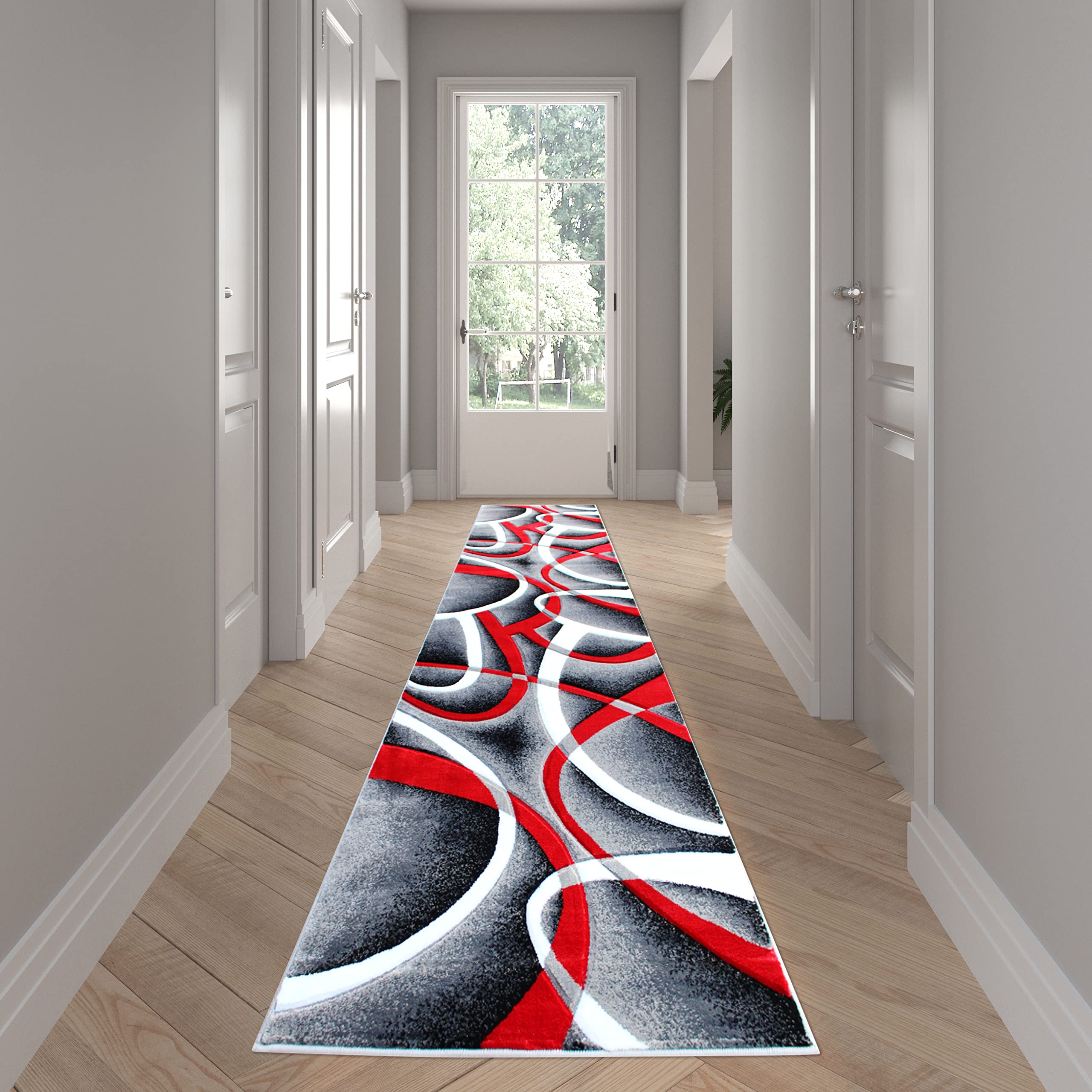 EMMA + OLIVER Cambre 3x10 Olefin Accent Rug - 3D Sculpted Intersecting Arch Design in Red, Gray, Black & White with Jute Backing - Perfect for Living Room, Bedroom or Office Decor