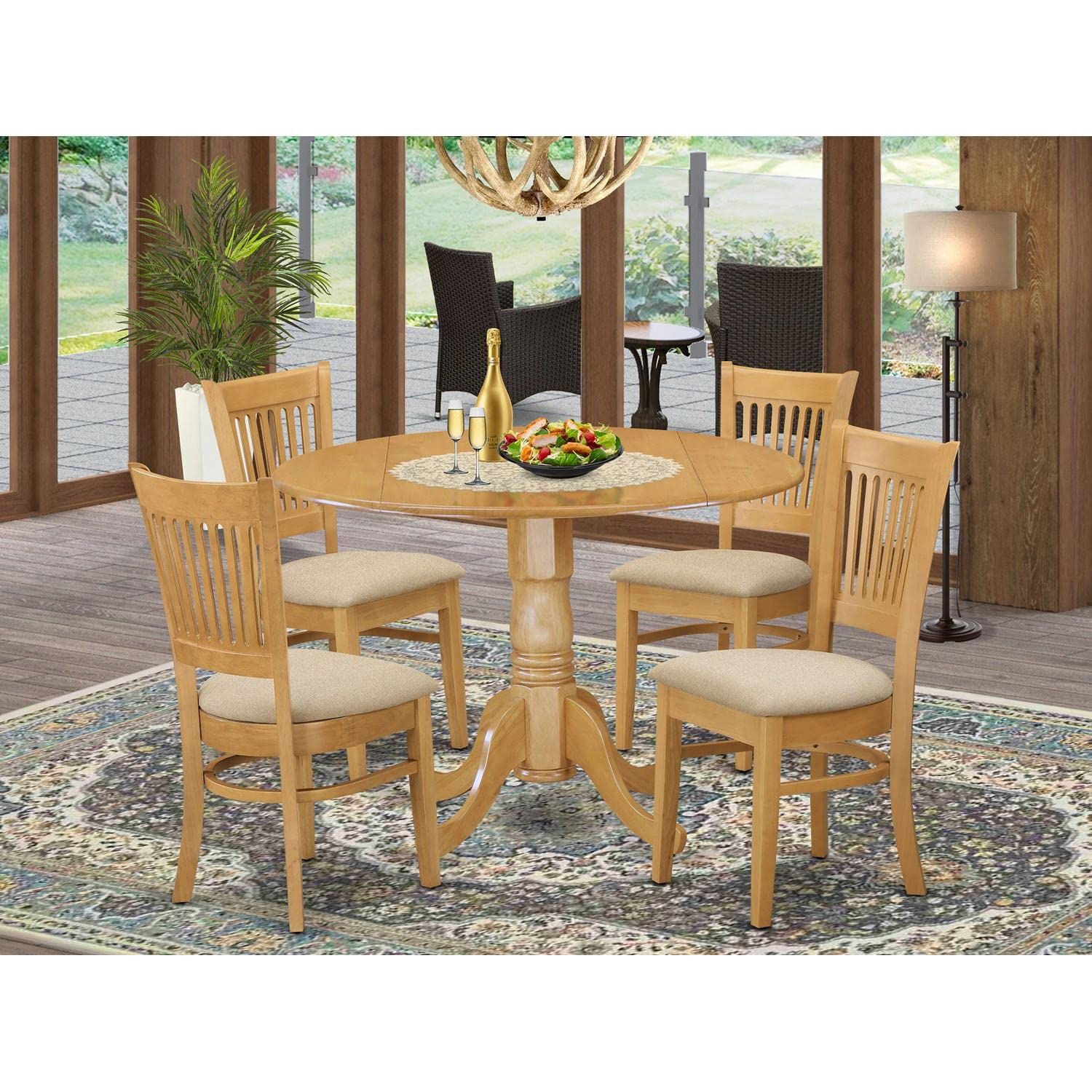 East West Furniture Dublin 5-Piece Kitchen Dining Set with Round Drop-Leaf Table & 4 Linen Upholstered Chairs, 42x42 Inch, DLVA5-OAK-C - Perfect for Small Spaces, Breakfast Nooks & Cozy Apartments