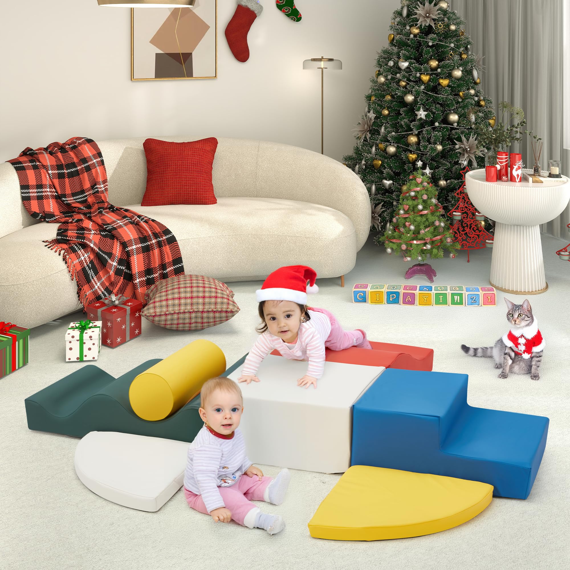 7-Piece Soft Foam Climbing Blocks for Toddlers - Non-Slip PU Leather Baby Play Gym with Velcro | Safe Indoor Activity Toys for Crawling, Climbing & Early Childhood Development | Perfect for Playrooms, Daycares & Home Learning Spaces