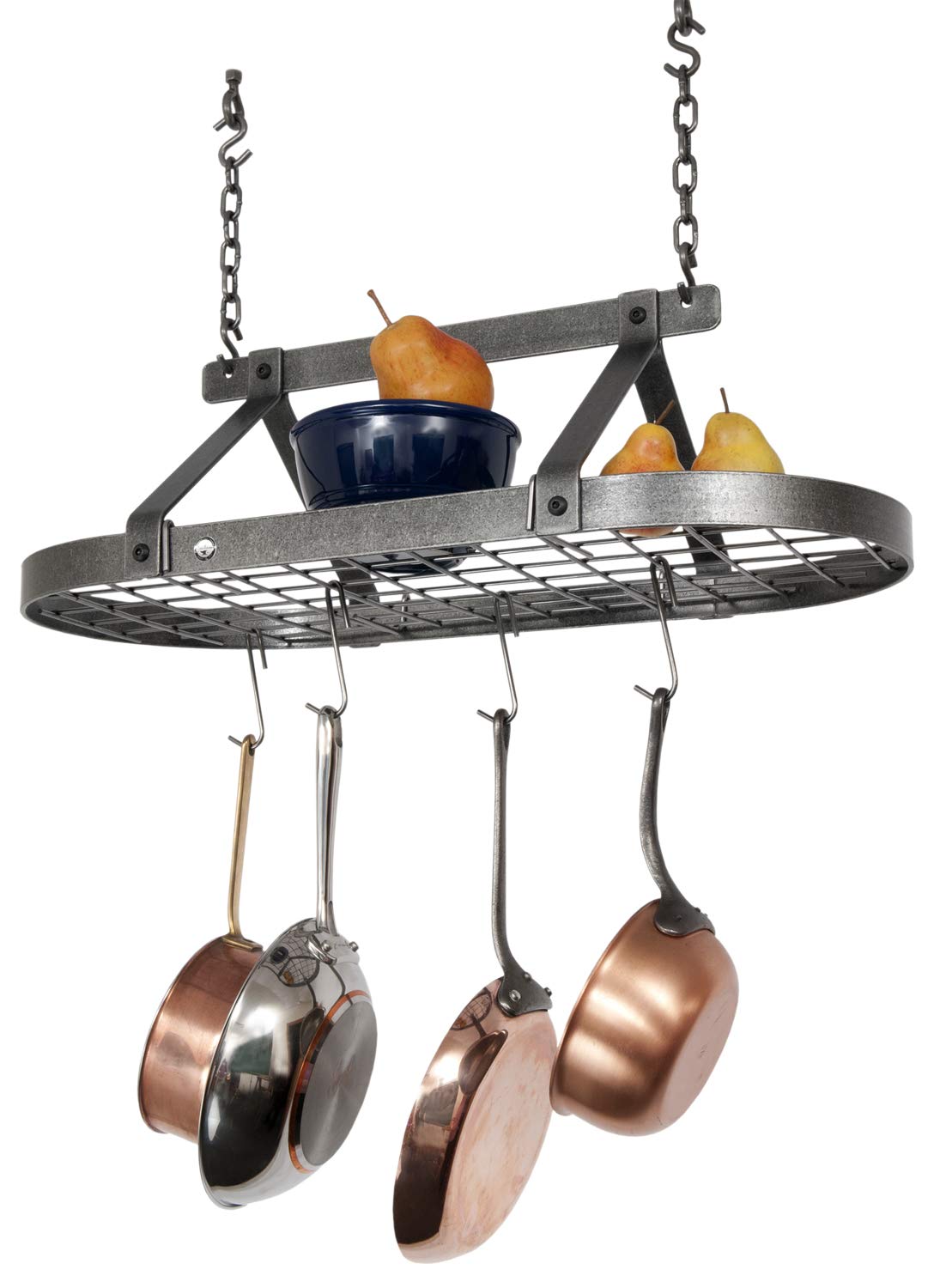 Handcrafted Classic Oval Ceiling Pot Rack with 12 Hooks - Hammered Steel for Kitchen Organization & Storage - Perfect for Hanging Pots, Pans, Utensils in Your Home Kitchen