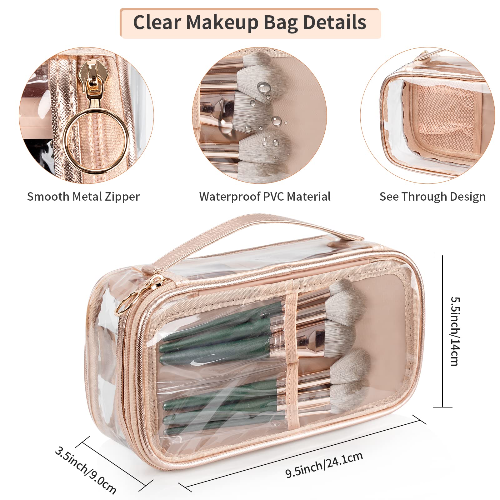 OCHEAL Clear Makeup Bag with Brush Compartment - Portable Travel Cosmetic Organizer for Women & Girls | Waterproof Makeup Pouch for Gym, Vacation & Daily Use (Rose Gold)
