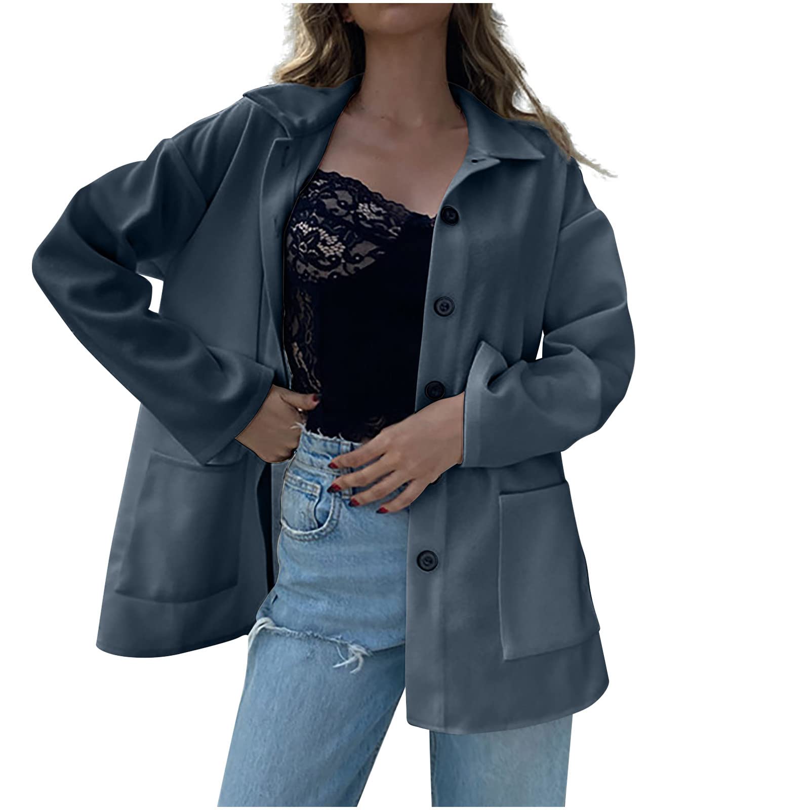 Women's Classic Long Sleeve Button-Down Jacket with Pockets - Solid Color Boyfriend Coat for Casual & Office Wear