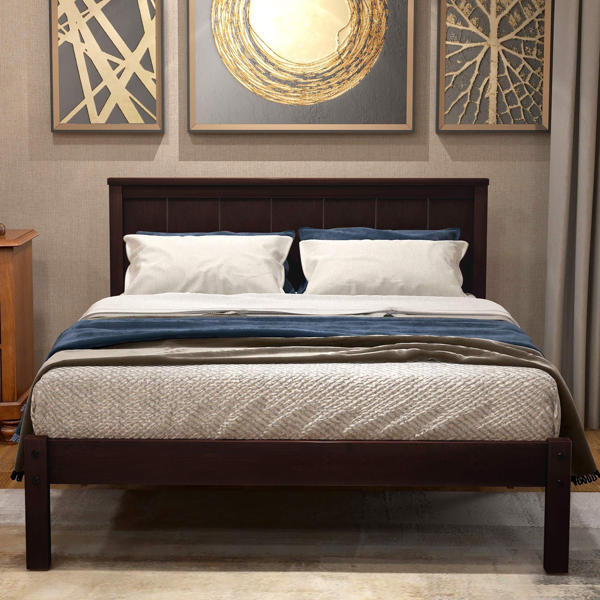 Premium Solid Wood Platform Bed Frame with Headboard - Twin Size Espresso Finish - Sturdy Wooden Slat Support (No Box Spring Needed) - Perfect for Small Bedrooms, Guest Rooms & Dormitories