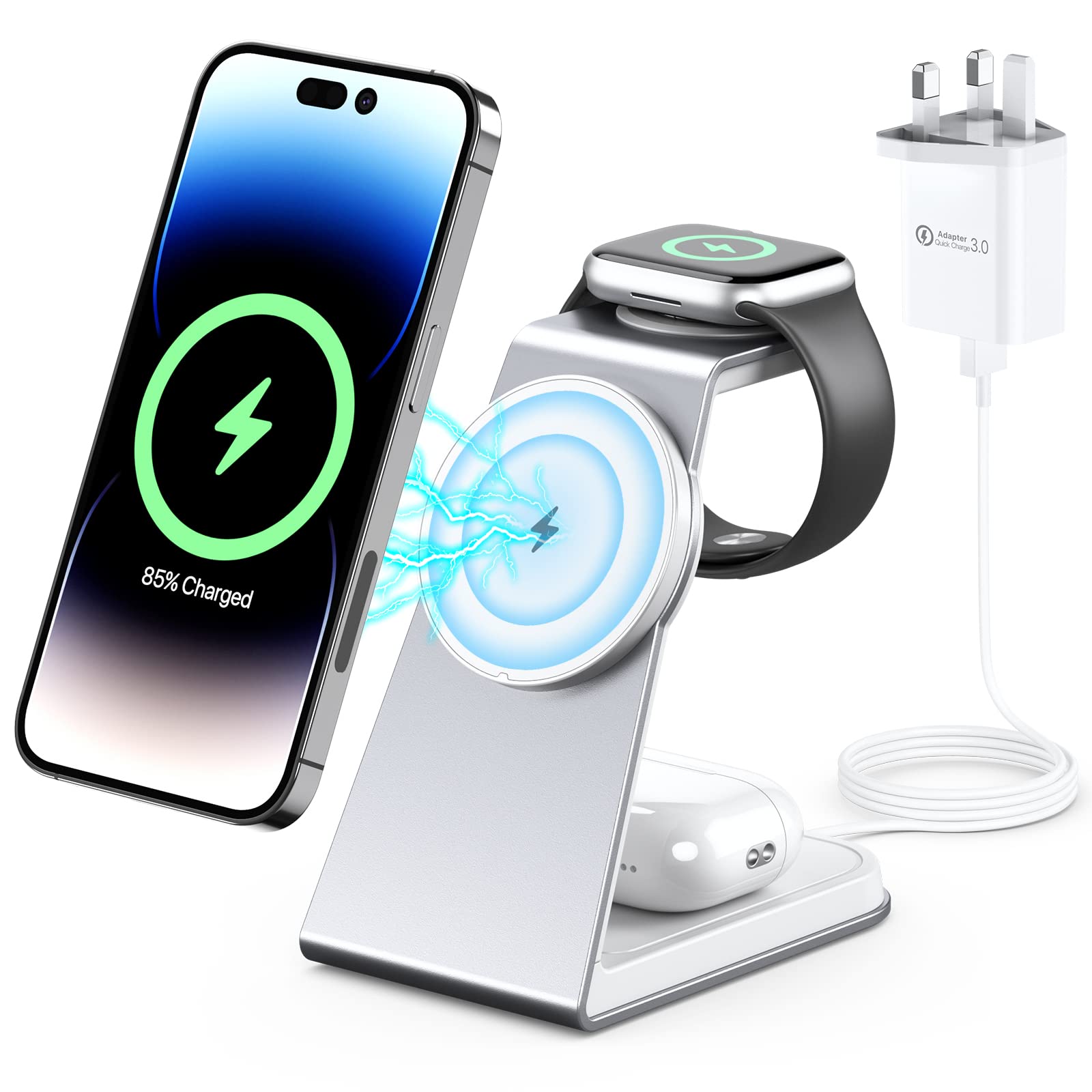 3 in 1 Magnetic Wireless Charging Station for iPhone 16/15/14/13 Series - 15W Fast MagSafe Charger Stand with Aluminum Alloy Base - Compatible with Apple Watch Series & AirPods 3/2/Pro - Perfect for Bedside, Office & Travel Charging