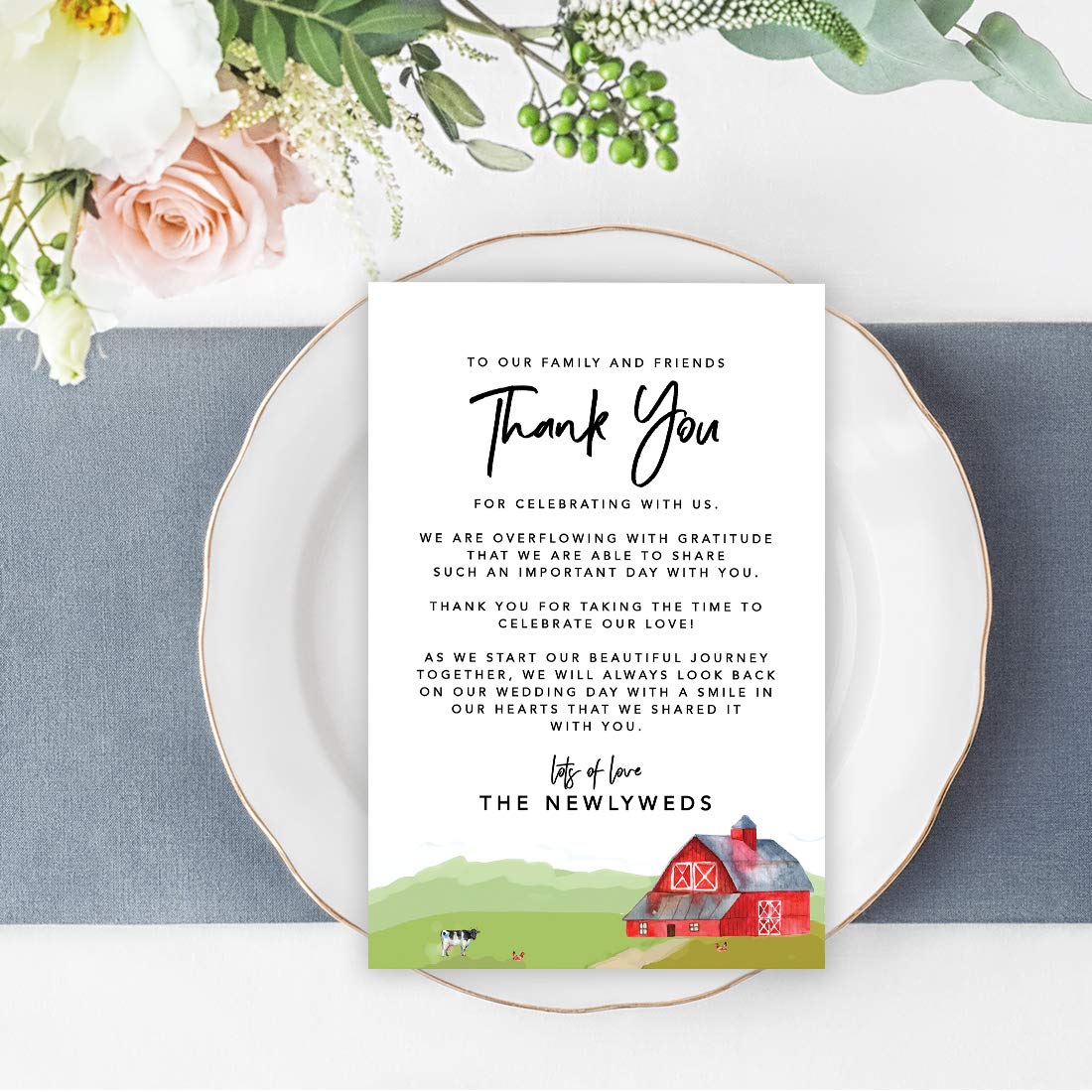 Elegant Barn Farm Wedding Thank You Place Cards - 56-Pack 4x6 Inch Seating Table Cards for Wedding Reception, Dinner Plates & Guest Favors - Perfect for Rustic Weddings, Bridal Showers & Anniversary Celebrations