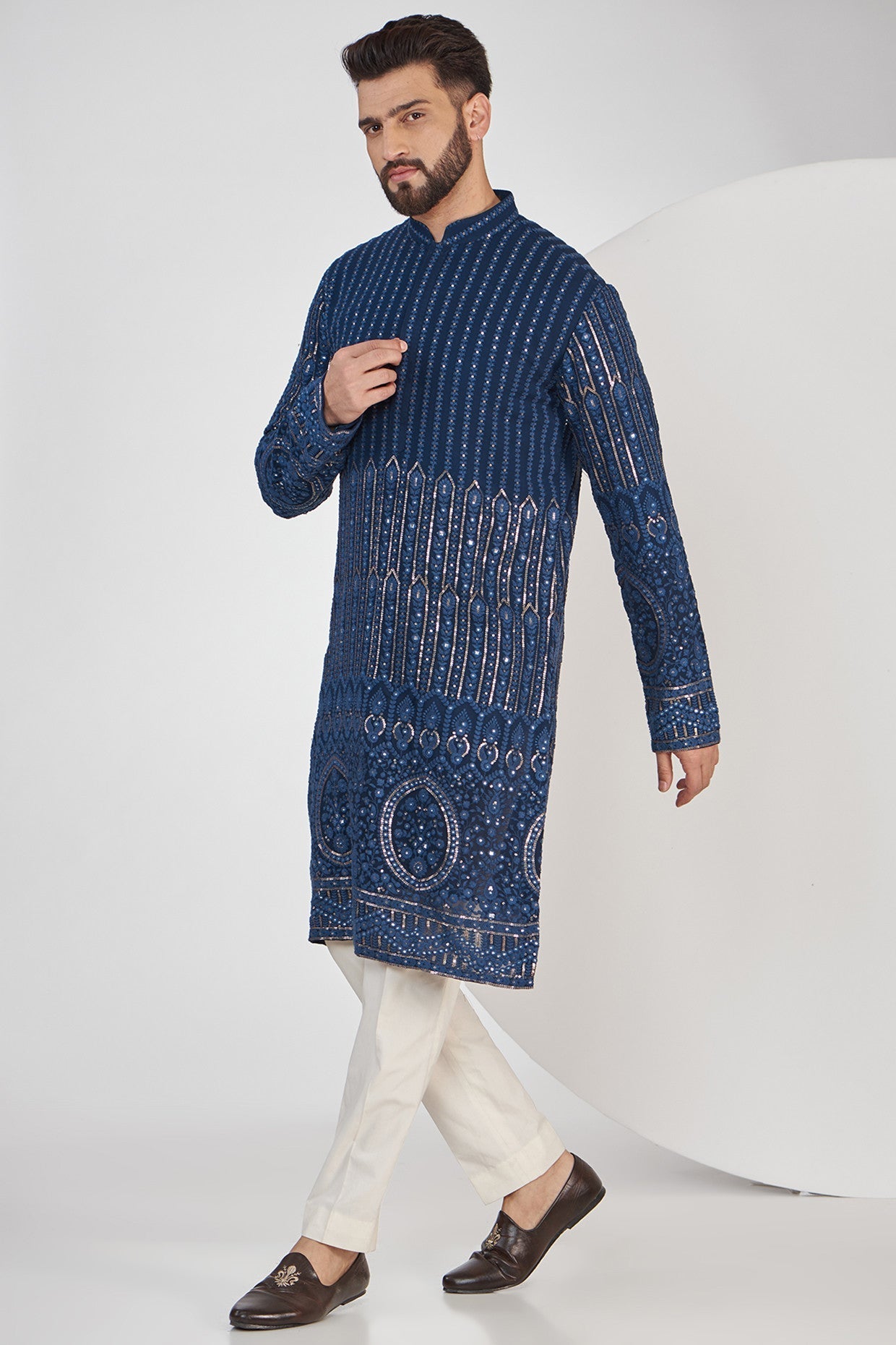 Navy Blue Embroidered Kurta for Men | Traditional Indian Tunic | Handcrafted Cotton Kurta for Festivals, Weddings & Casual Wear