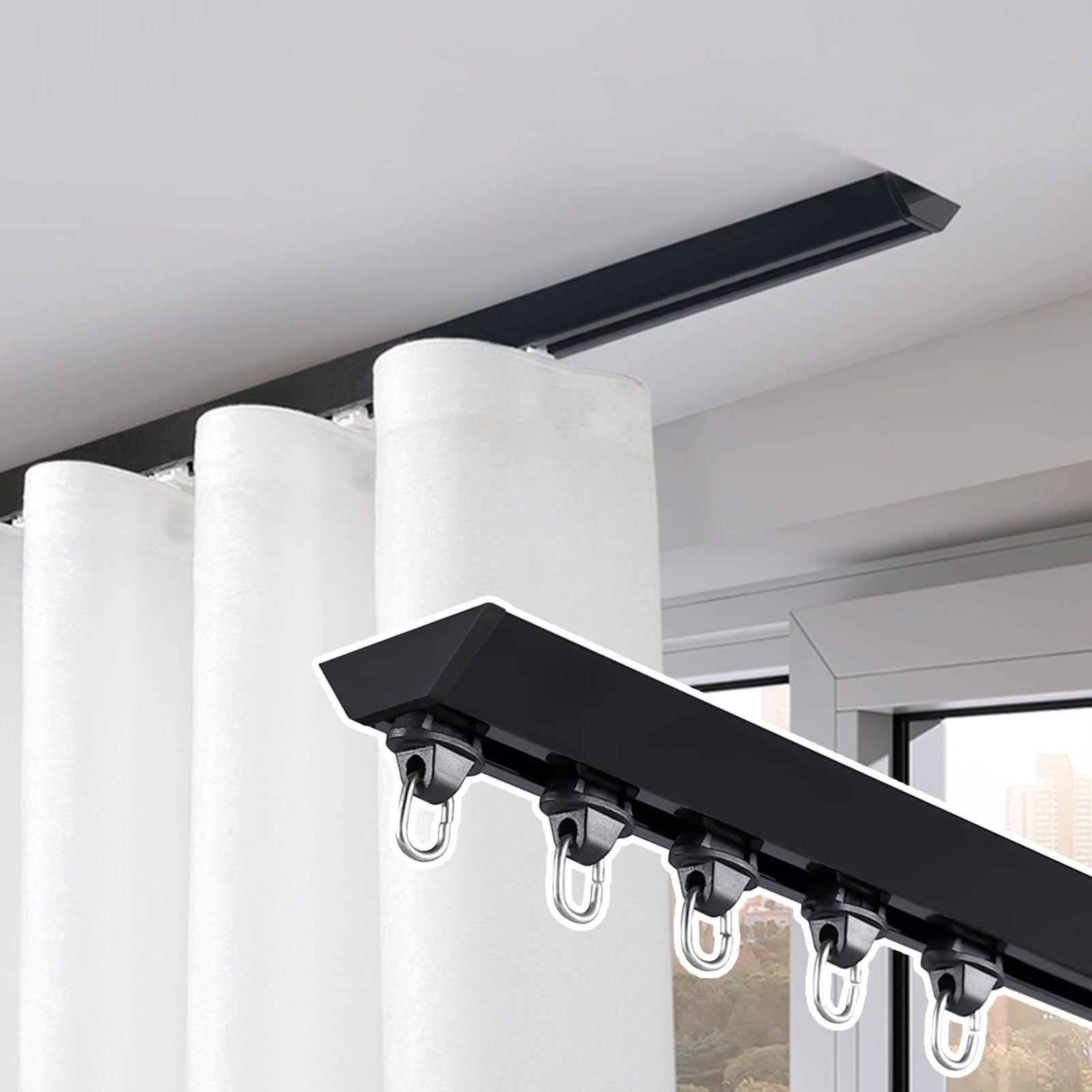 Heavy Duty Ceiling Mount Curtain Track System - Single Curtain Rod for Windows, Showers & Room Dividers - Elegant Black 2m (6.6ft) Curtain Pole - Perfect for Home, Office & Commercial Spaces