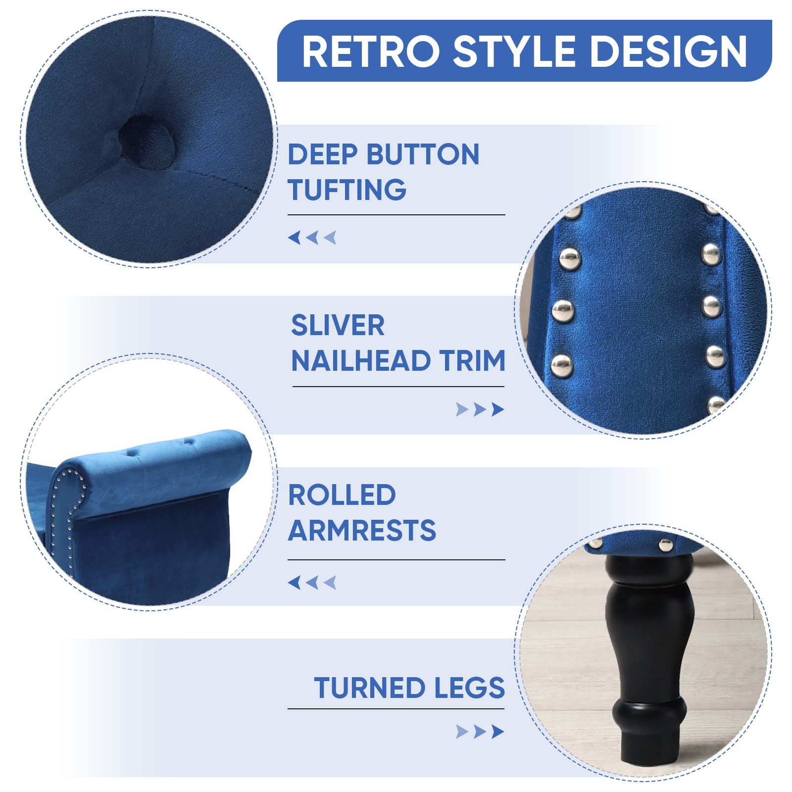 Mid Century Velvet Storage Ottoman Bench with Tufted Upholstery & Toss Pillow - Small Foot of Bed Bench for Bedroom, Entryway, Hallway & Living Room - Perfect for Extra Seating & Hidden Storage (Blue)
