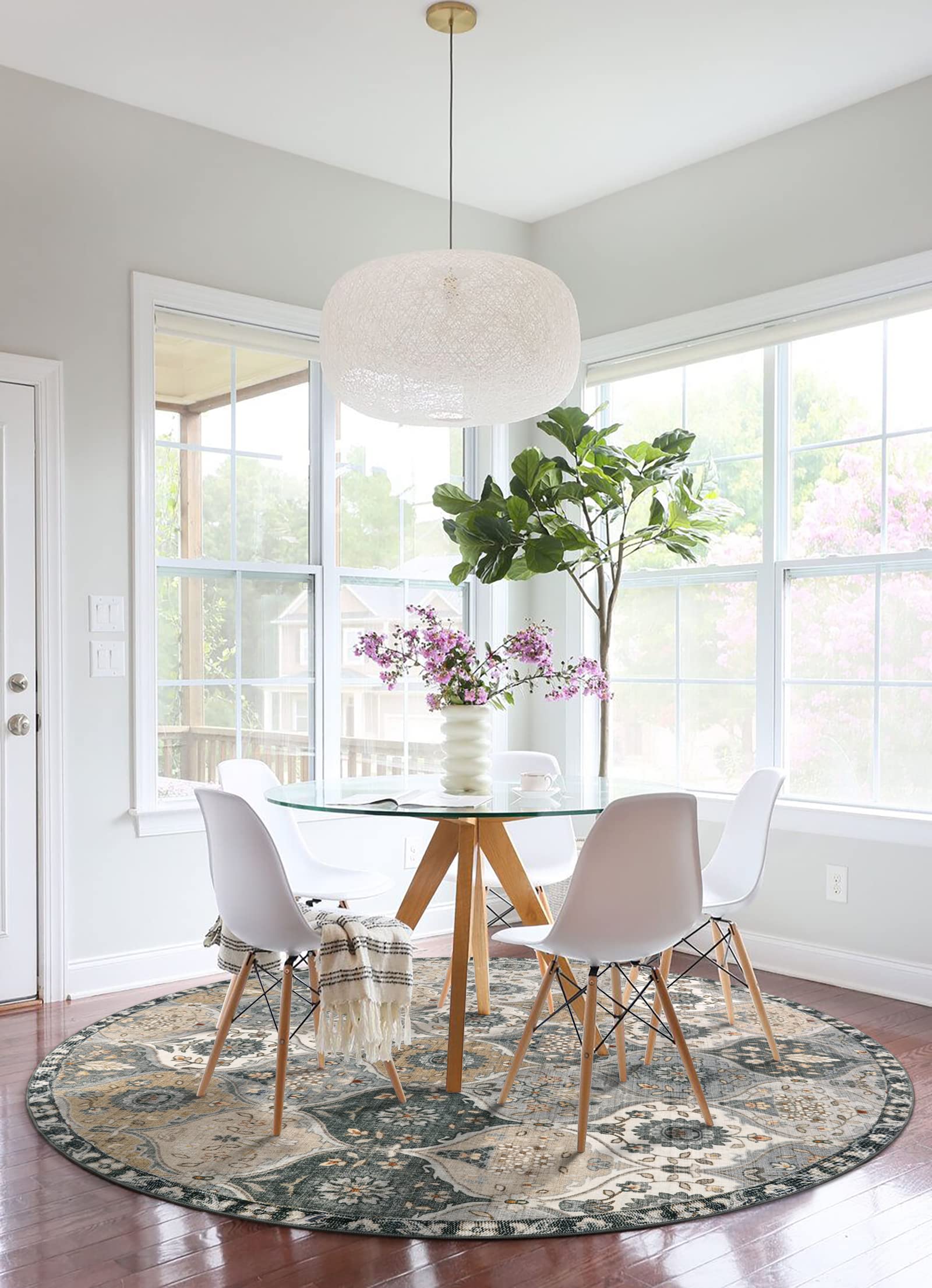 Lahome Moroccan Trellis Washable Round Rug 5ft - Soft Non-Slip Circle Carpet for Bedroom, Living Room, Nursery - Distressed Grey Boho Floor Mat for Home Decor & Cozy Spaces
