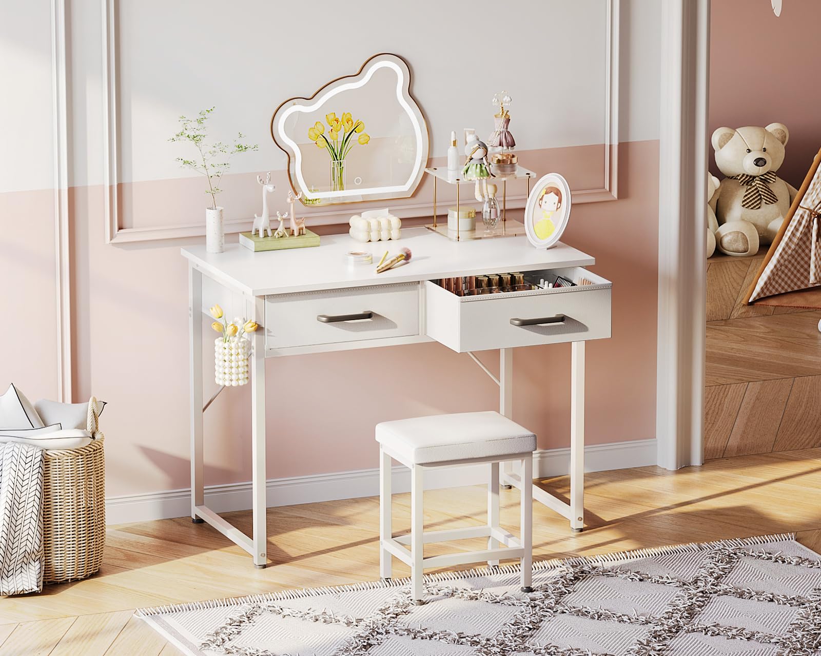 AODK 32 Inch Small Vanity Desk with Stool - No Mirror Makeup Table with 2 Fabric Drawers & Steel Hook, White Vanity Table for Girls Bedroom | Perfect for Makeup Organization, Small Space Dressing Area & Bedroom Decor