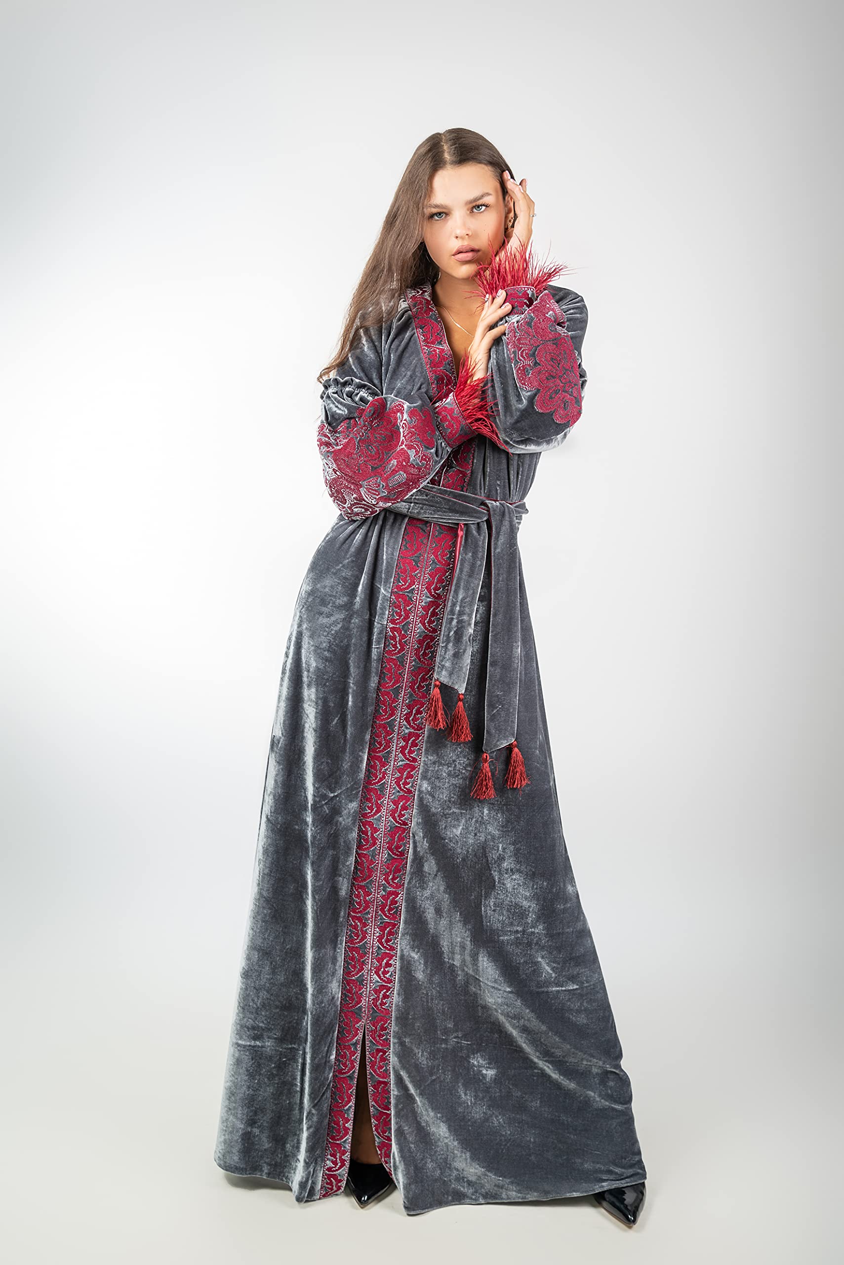 Elegant Velour Long Dress with Embroidery - Gray Bohemian Boho Chic Signature Long Sleeve Dress (Vyshyvanka Style) | Perfect for Weddings, Parties & Special Occasions