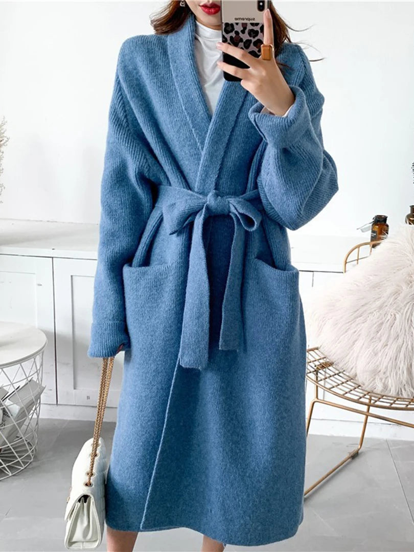 Women's Plus Size Long Knit Cardigan Sweater - Black Belted V-Neck Long Sleeve Open Front Wrap Coat | 2025 Spring Autumn Fashion | Casual Office Wear, Layering Piece, Travel Outfit