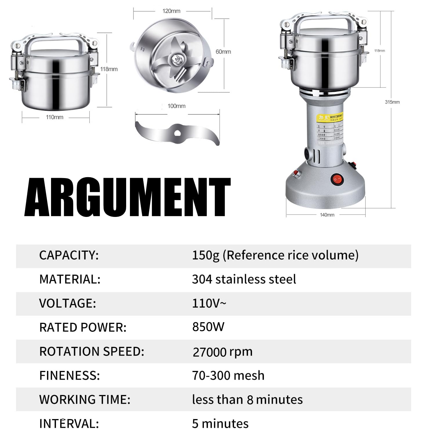 150g Electric Grain Grinder Mill - 850W High-Speed Stainless Steel Spice & Herb Grinder for Corn, Flour, Wheat, Pepper, Coffee Beans | Perfect for Home Baking, Coffee Brewing & Spice Preparation