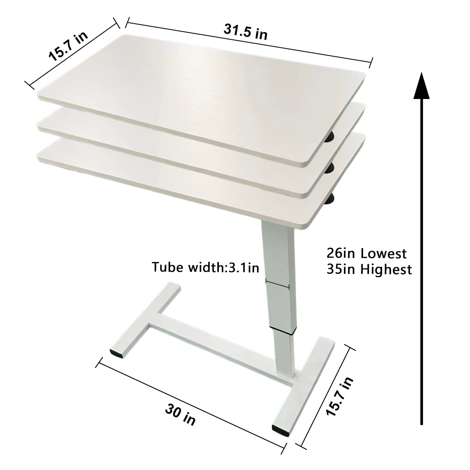 Adjustable Height Overbed Table with Swivel Wheels - Pneumatic Mobile Laptop Desk for Hospital, Office & Home - Sturdy Bedside Table for Working, Eating, Reading in Bed or Recovering Patients