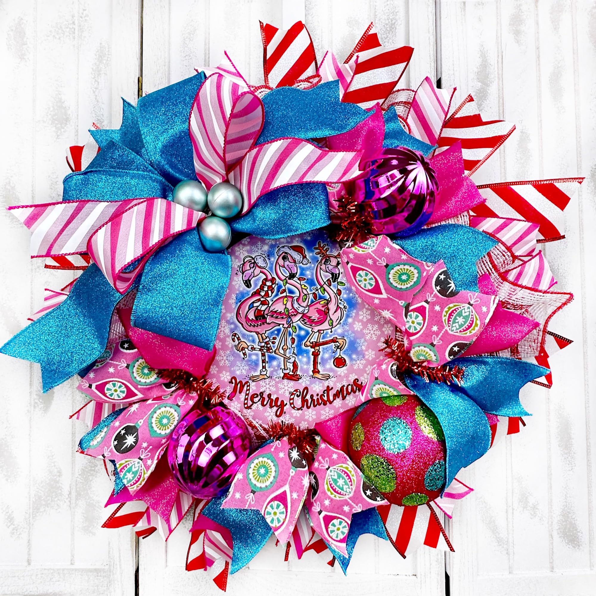 Handmade Coastal Flamingo Christmas Wreath with Ball Ornaments & Bow - Nautical Beach Holiday Door Hanger Decor for Front Door, Porch, and Wall - Perfect for Christmas, Beach House, and Coastal Theme Parties