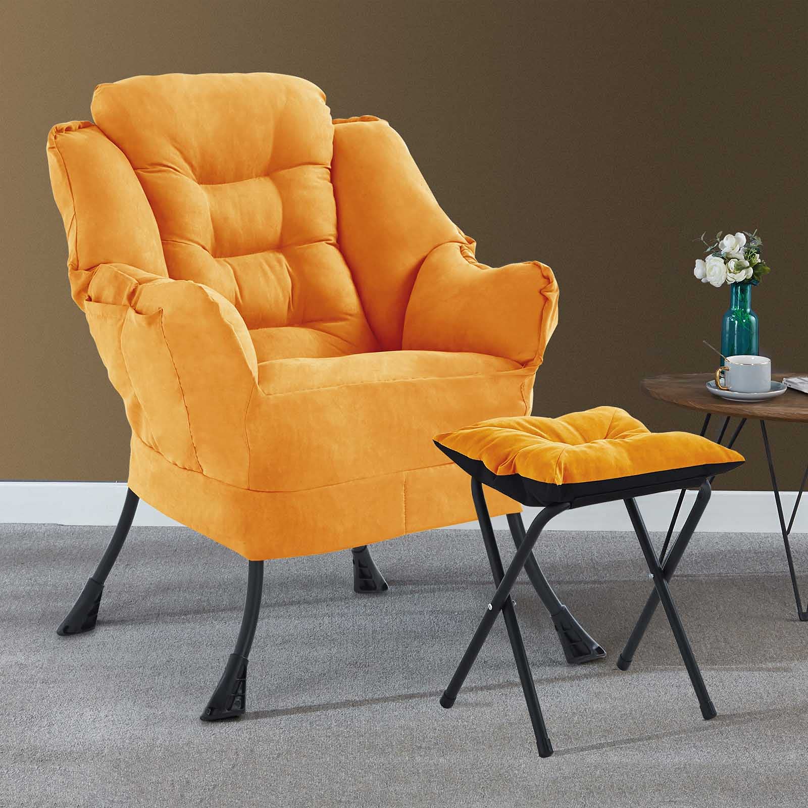 Comfortable Upholstered Lazy Chair with Ottoman & Side Pocket - Yellow Accent Sofa for Living Room, Bedroom, or Office - Perfect for Relaxing, Reading & Napping
