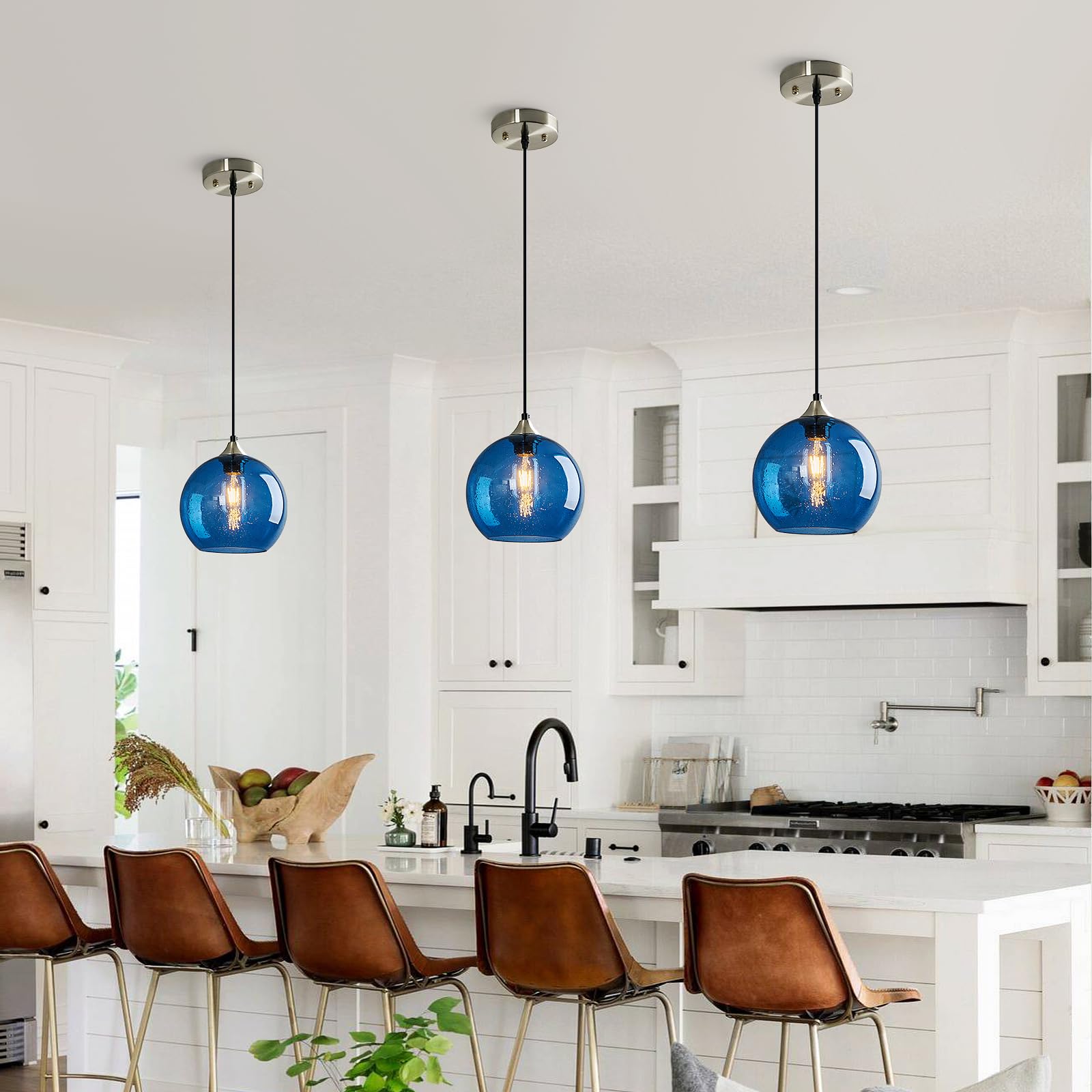 Modern Blue Glass Pendant Lights - 3-Pack Globe Pendant Light Fixtures for Kitchen Island, Bedroom, Living & Dining Room (7.87in) | Stylish Ambient Lighting for Home Decor & Restaurant Settings