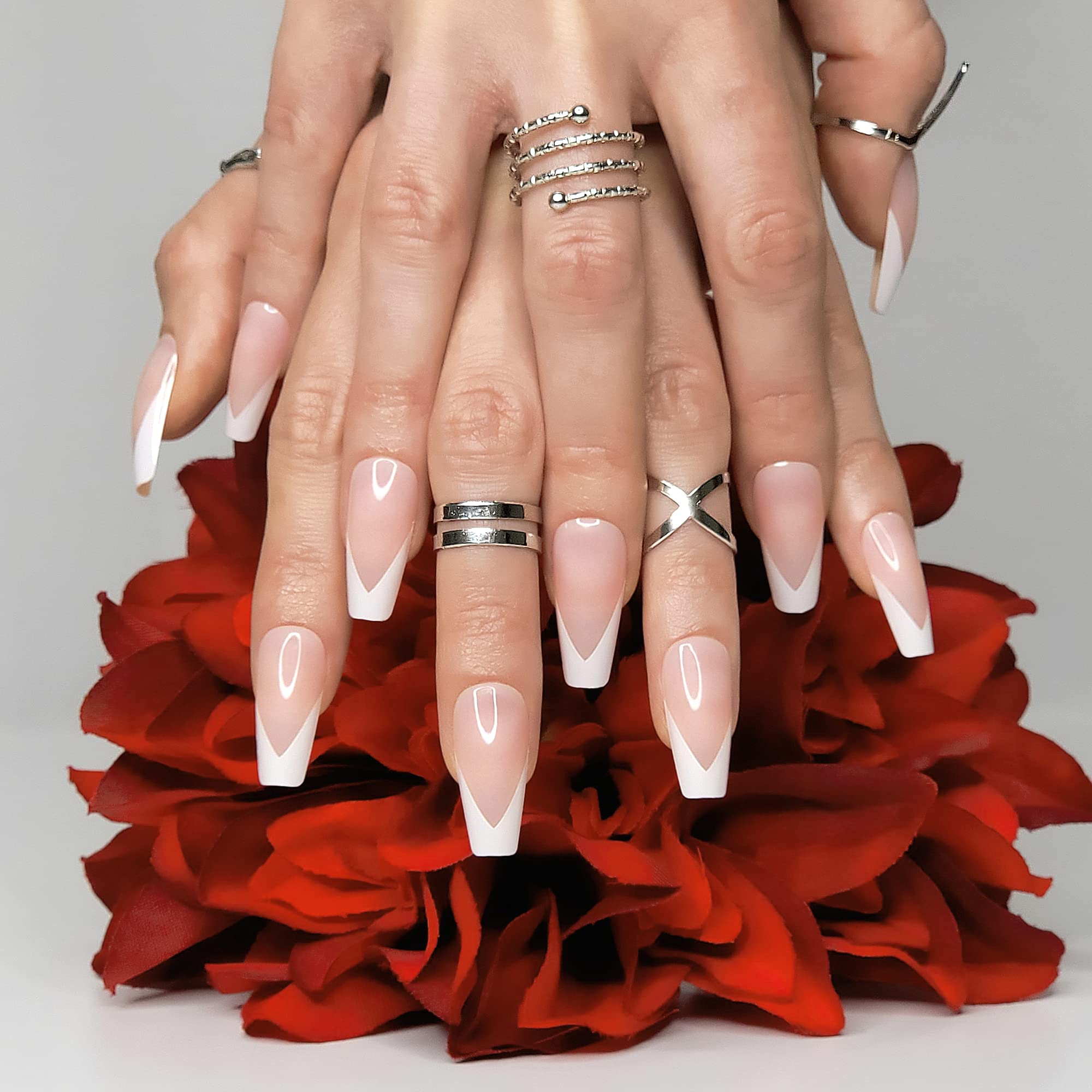 Hypnaughty 24 Pcs Modern White French Coffin Press On Nails - Medium Long Fake Nails with Glue, Nude Base & White French Tips - Perfect for Parties, Weddings & Everyday Wear