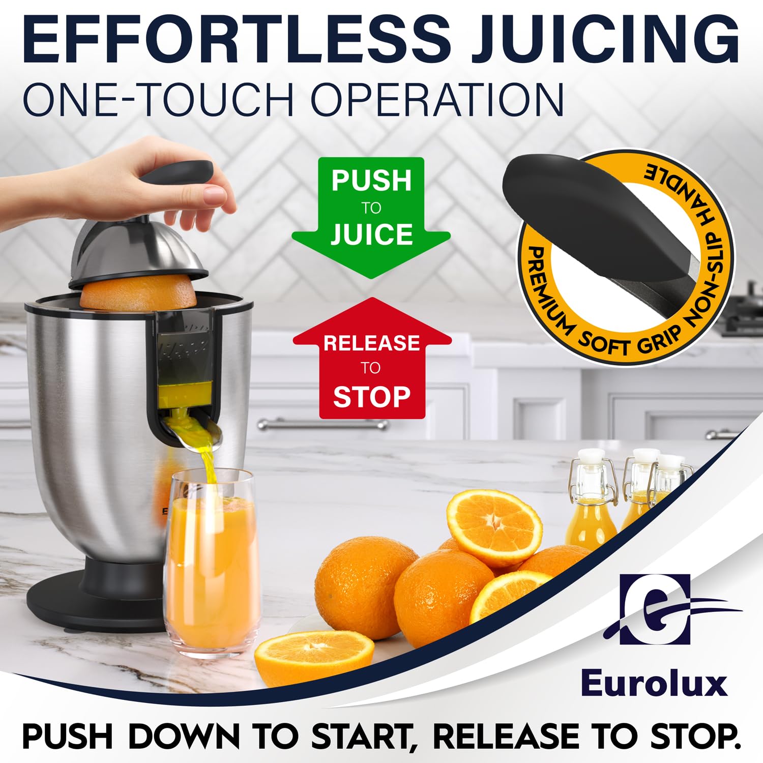 Premium Electric Orange Juicer - Stainless Steel Citrus Squeezer with Powerful Motor, Soft Grip Handle & Auto Shutoff | Dishwasher Safe, Adjustable Pulp Control | Perfect for Fresh Juice, Cocktails, Breakfast & Healthy Living