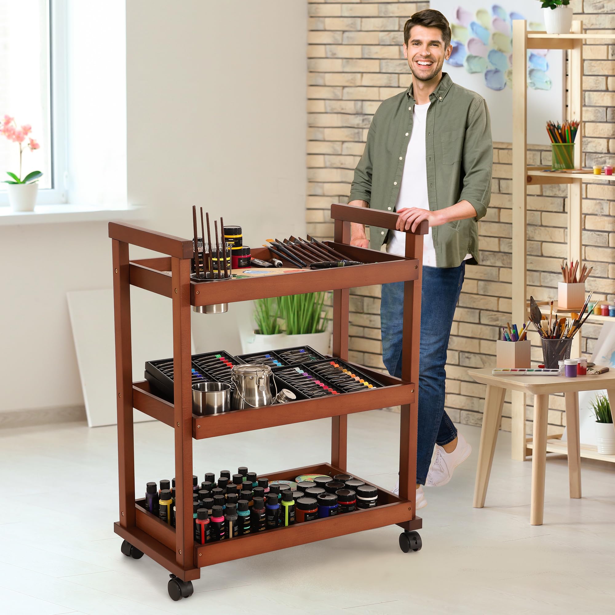 VISWIN 3-Tier Rolling Art Cart Organizer - Solid Beechwood Utility Taboret with Casters, Multifunctional Mobile Storage Trolley for Art Supplies, Classroom & Studio Organization (Walnut Finish) - Perfect for Artists, Teachers & Craft Rooms