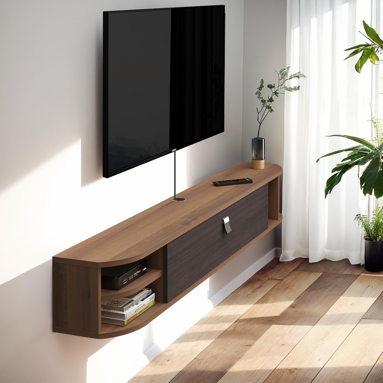 Modern TV Stand with Storage Shelves - 47 Inch Wall Mounted TV Console for Living Room & Bedroom - Walnut Finish - Perfect for Organizing Media Devices & Home Decor