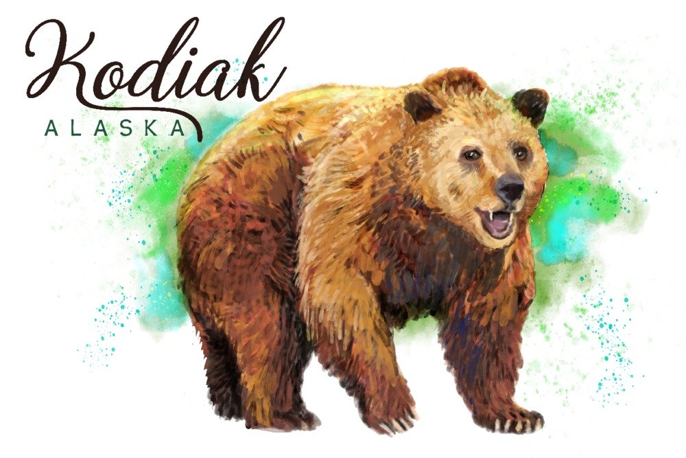 Kodiak Alaska Grizzly Bear Watercolor Art Print - 12x18 Wall Decor Poster for Living Room, Bedroom & Office