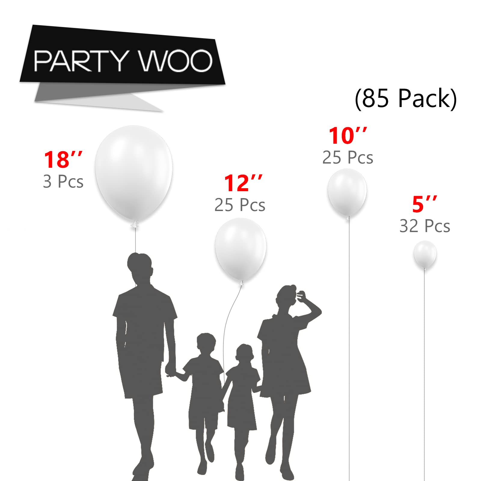PartyWoo White Balloons - 85 Pack Mixed Sizes (5, 10, 12, 18 Inch) for Balloon Garland, Arch, Backdrop - Perfect for Birthday Party Decorations, Wedding Decor, Baby Shower, Bridal Shower & Anniversary Celebrations